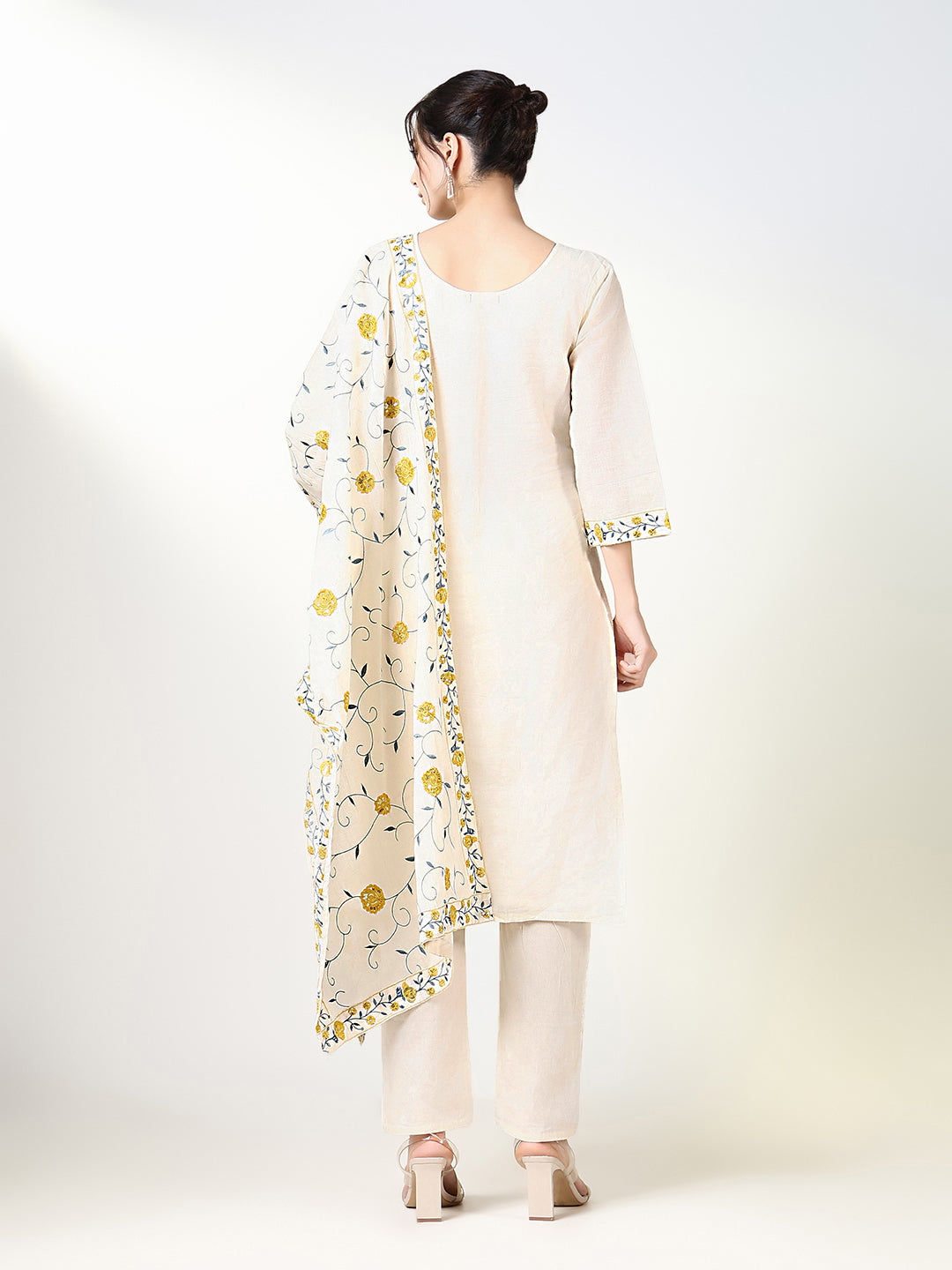 Women Floral Off White Straight Kurta Set with Dupatta