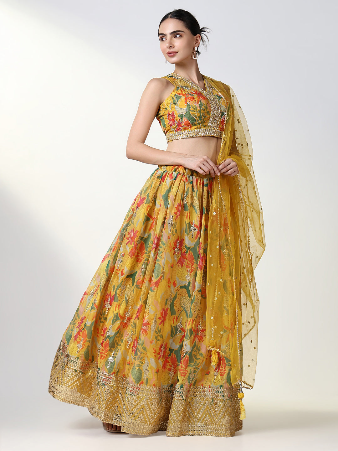 Women Yellow Printed Lehenga Choli with Dupatta