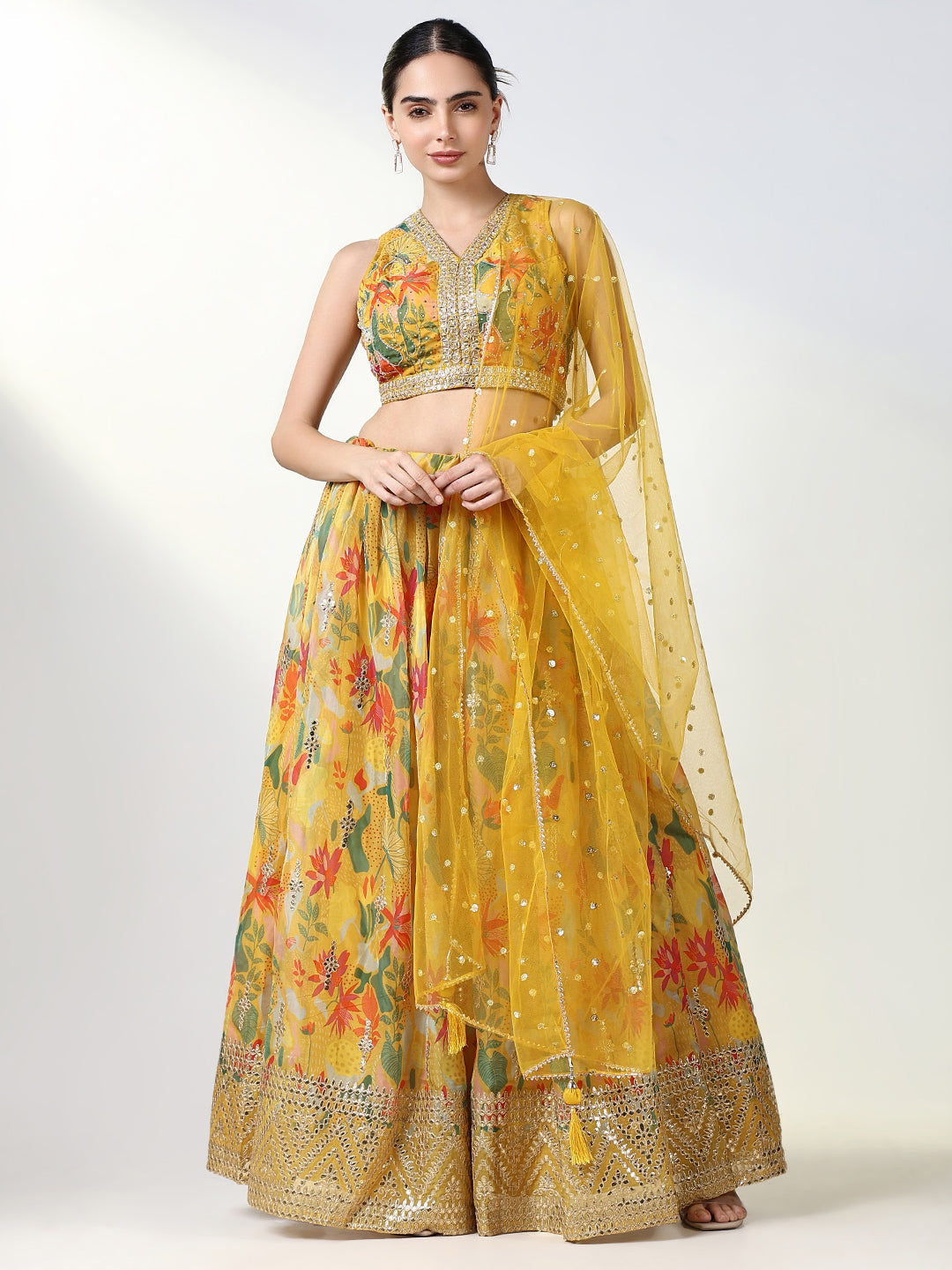 Women Yellow Printed Lehenga Choli with Dupatta