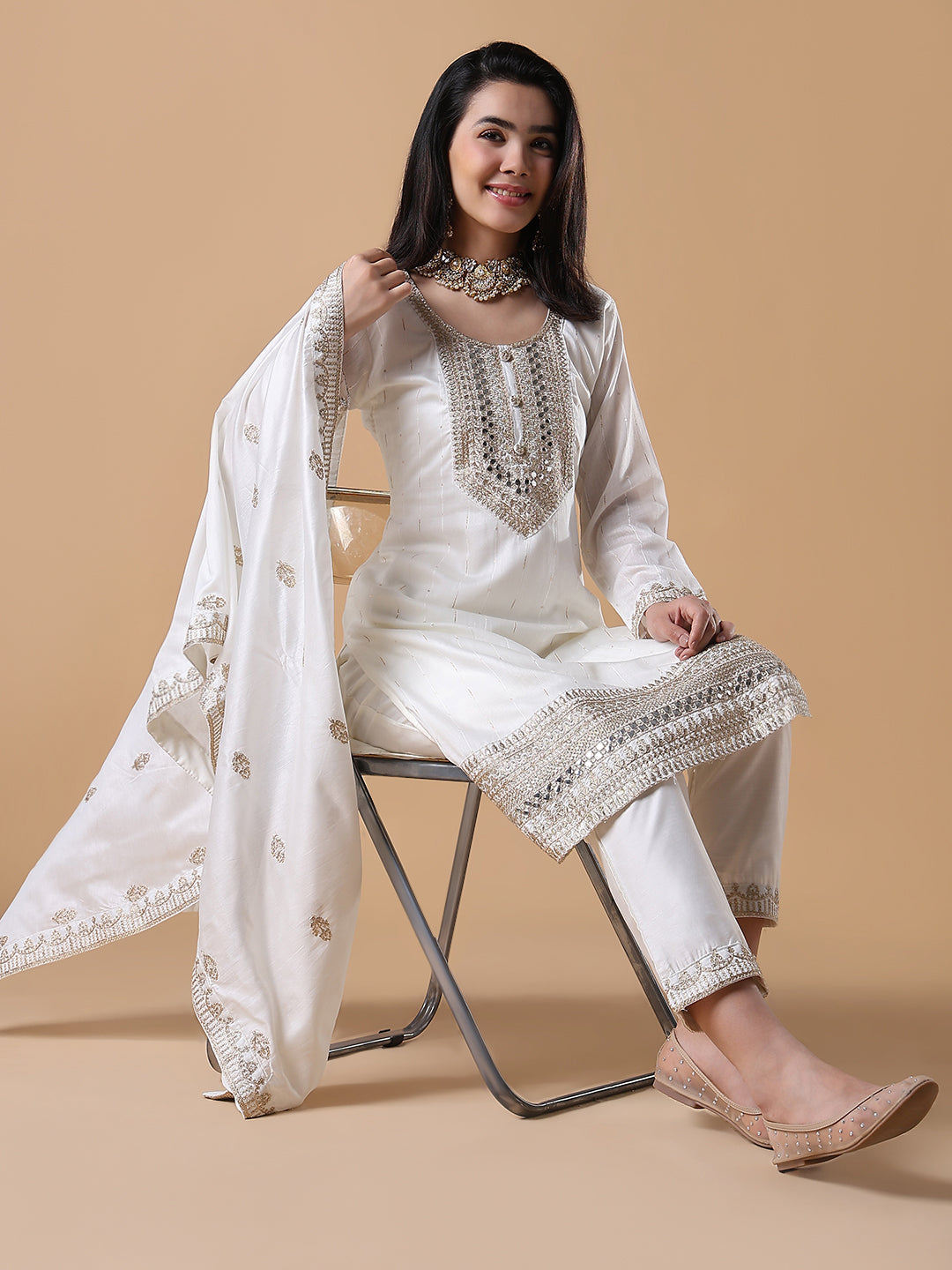 Women Solid Straight Zari White Kurta Set with Dupatta