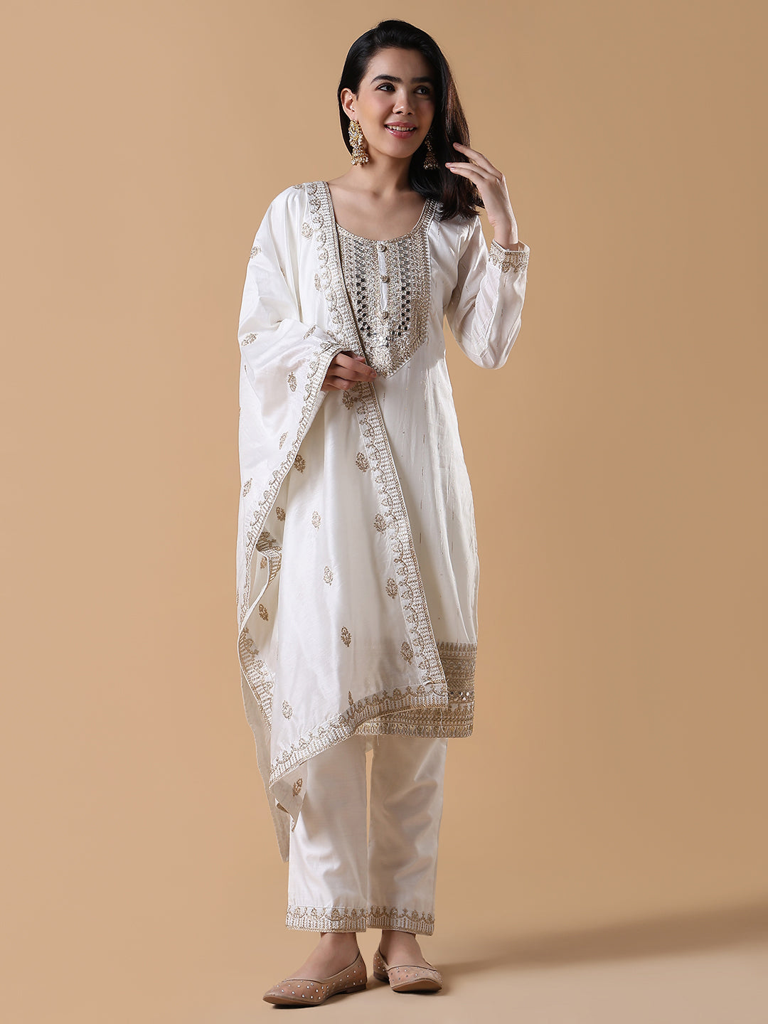 Women Solid Straight Zari White Kurta Set with Dupatta