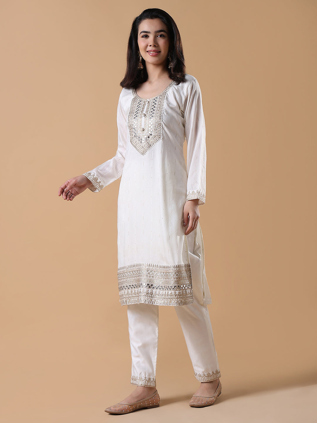 Women Solid Straight Zari White Kurta Set with Dupatta