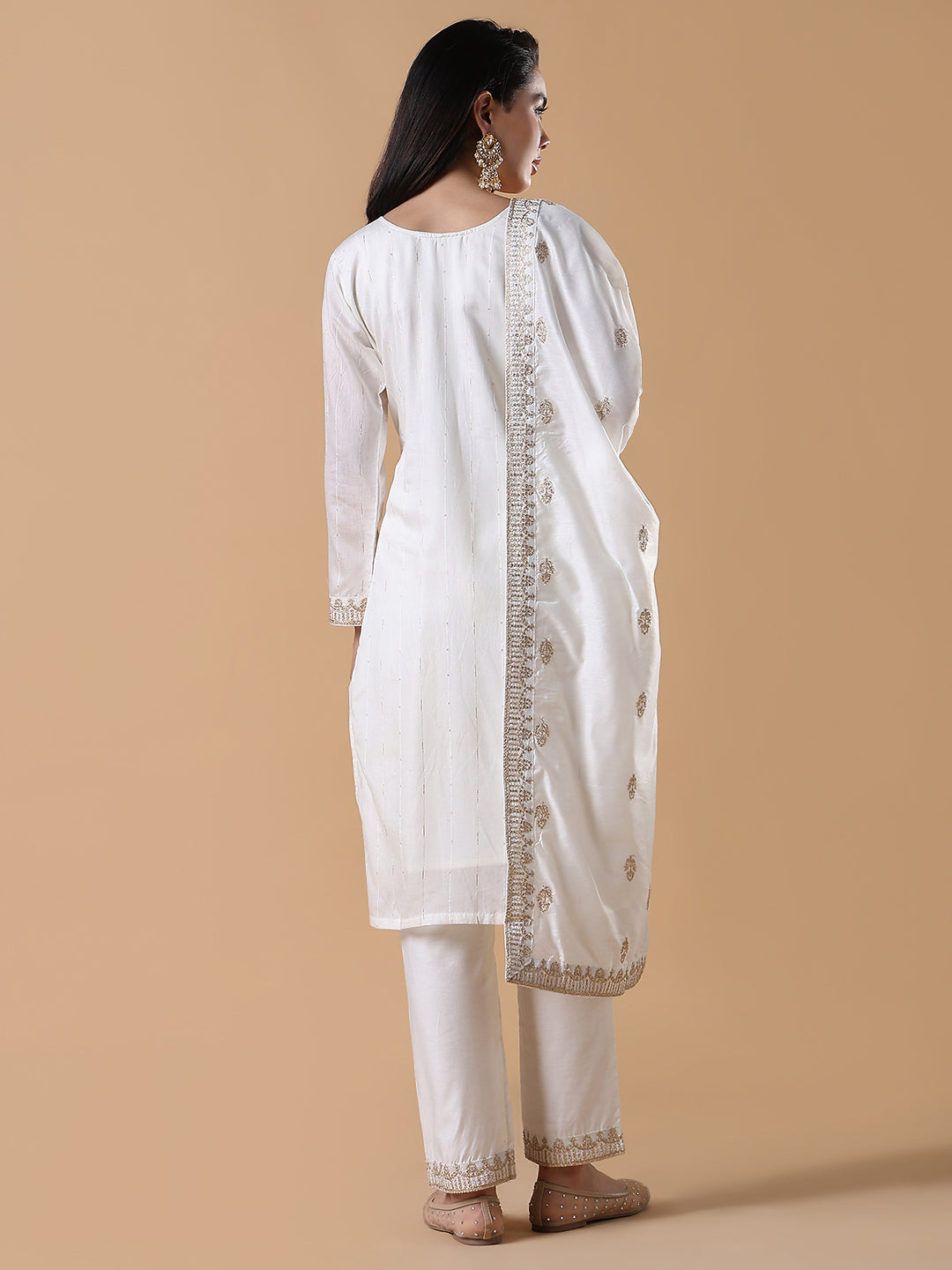 Women Solid Straight Zari White Kurta Set with Dupatta