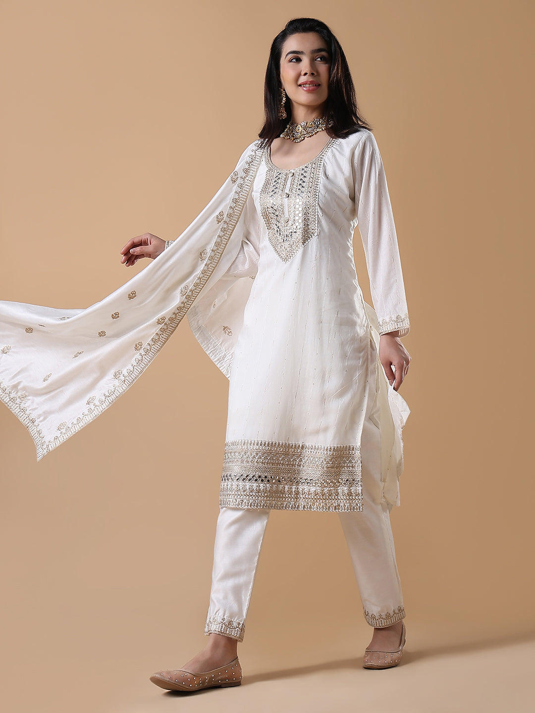 Women Solid Straight Zari White Kurta Set with Dupatta