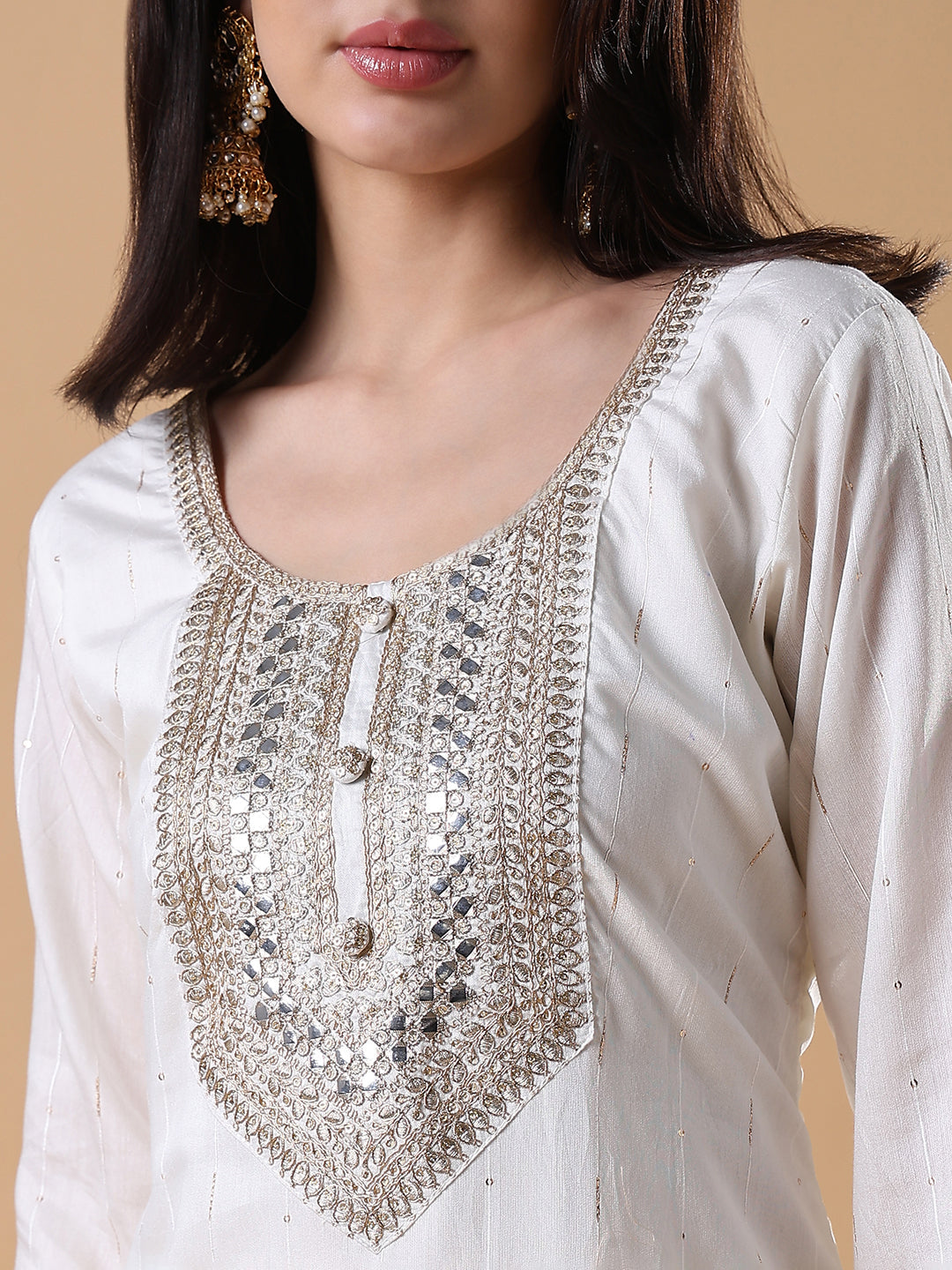 Women Solid Straight Zari White Kurta Set with Dupatta