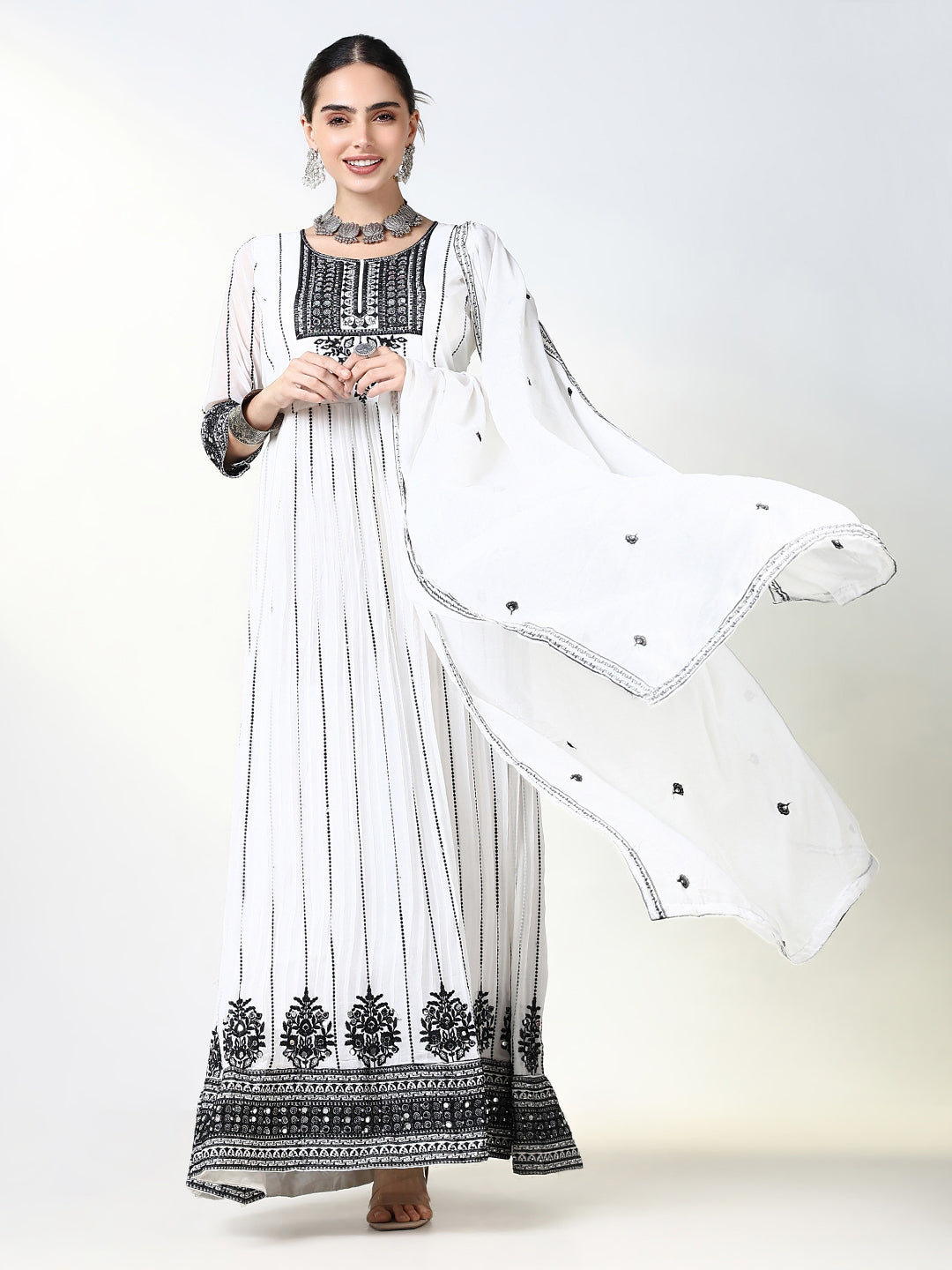 Women White Embroidered Anarkali Kurta with Dupatta