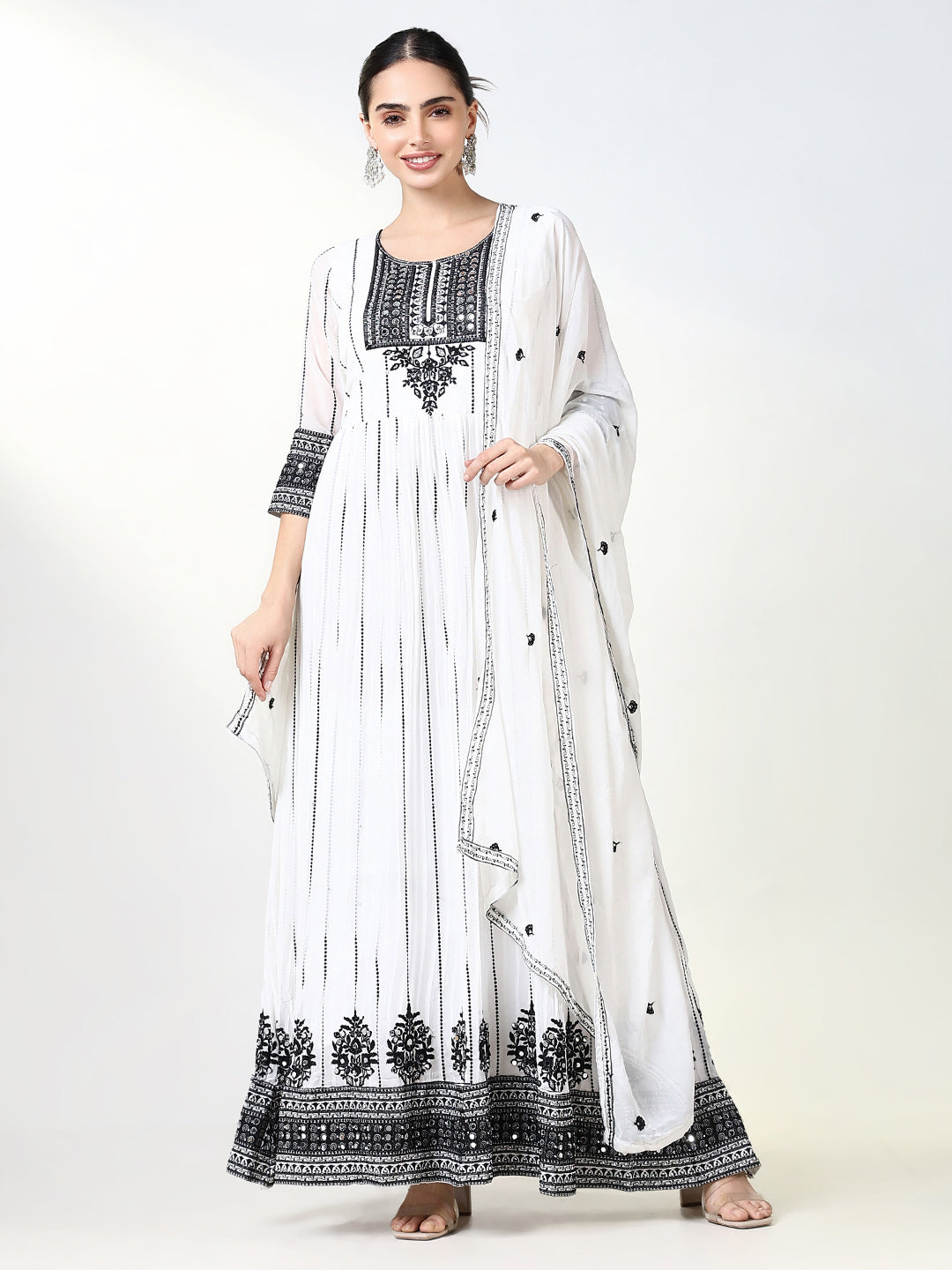 Women White Embroidered Anarkali Kurta with Dupatta