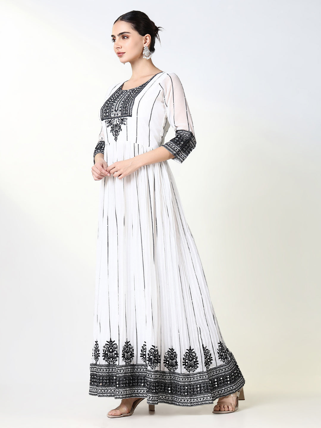 Women White Embroidered Anarkali Kurta with Dupatta