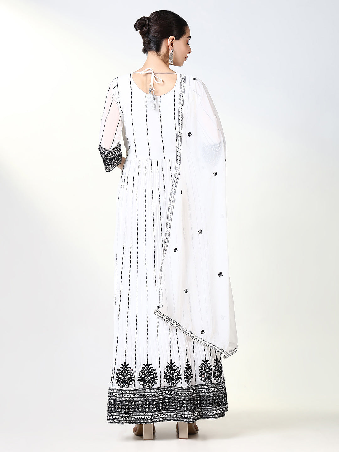 Women White Embroidered Anarkali Kurta with Dupatta