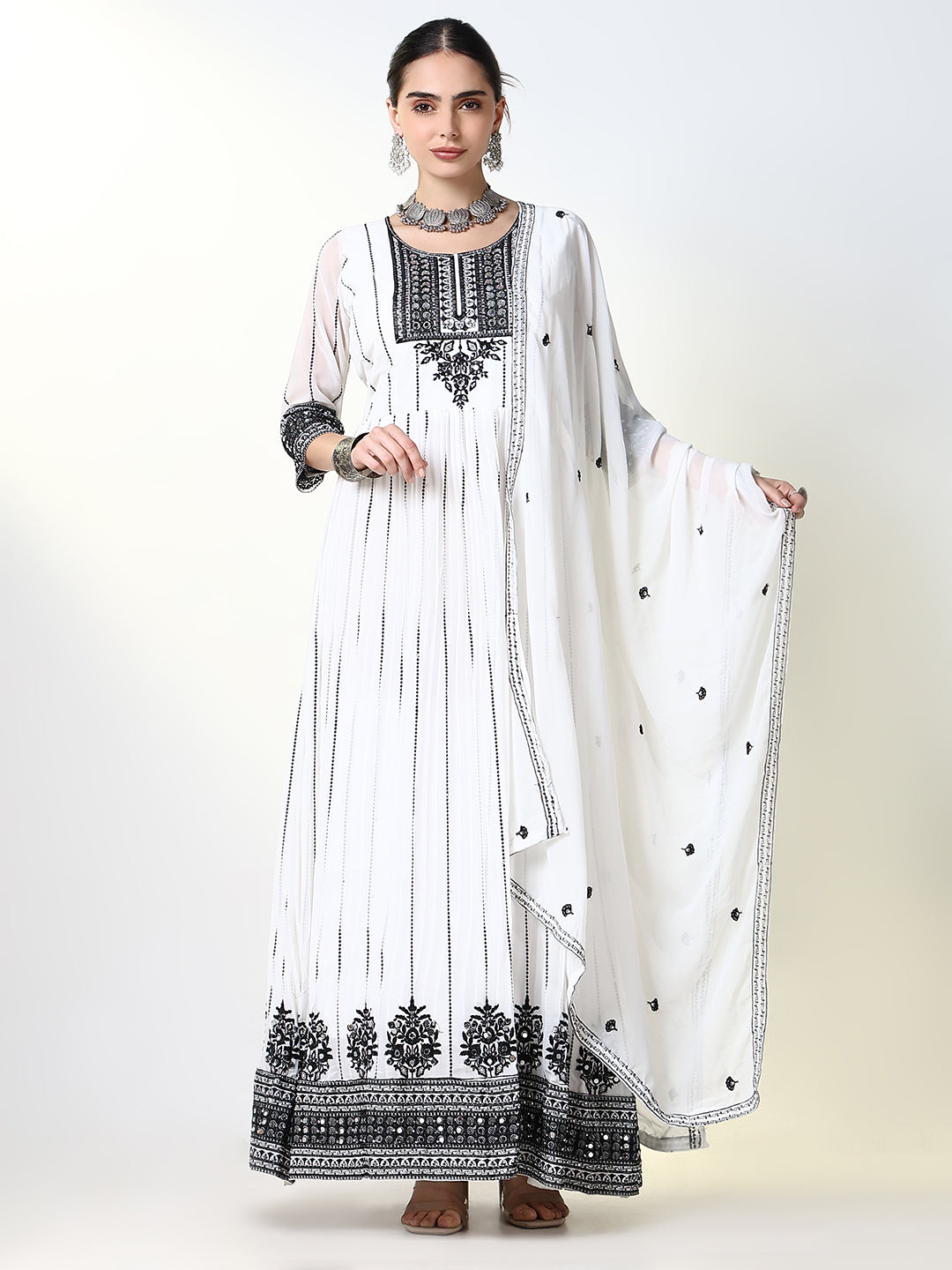 Women White Embroidered Anarkali Kurta with Dupatta