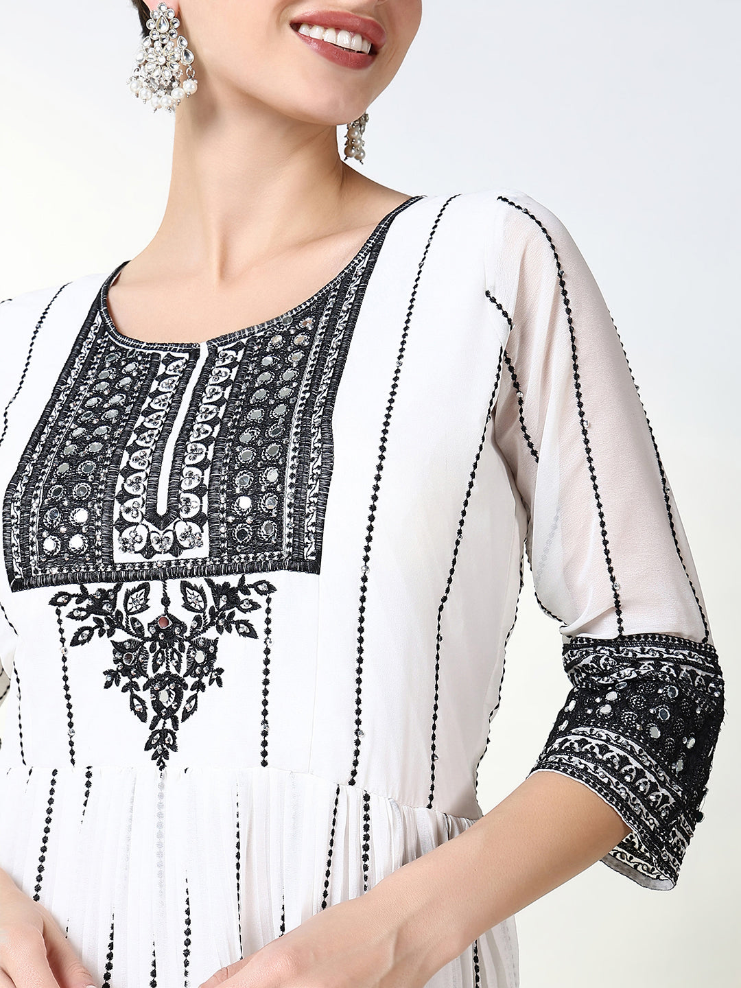 Women White Embroidered Anarkali Kurta with Dupatta