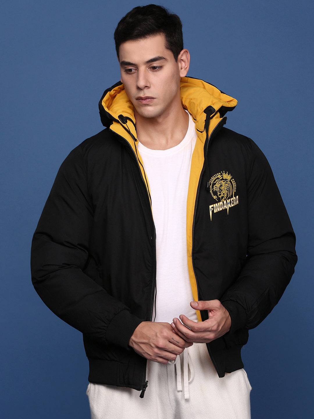 Men Solid Yellow Reversible Puffer Jacket with Hoodie