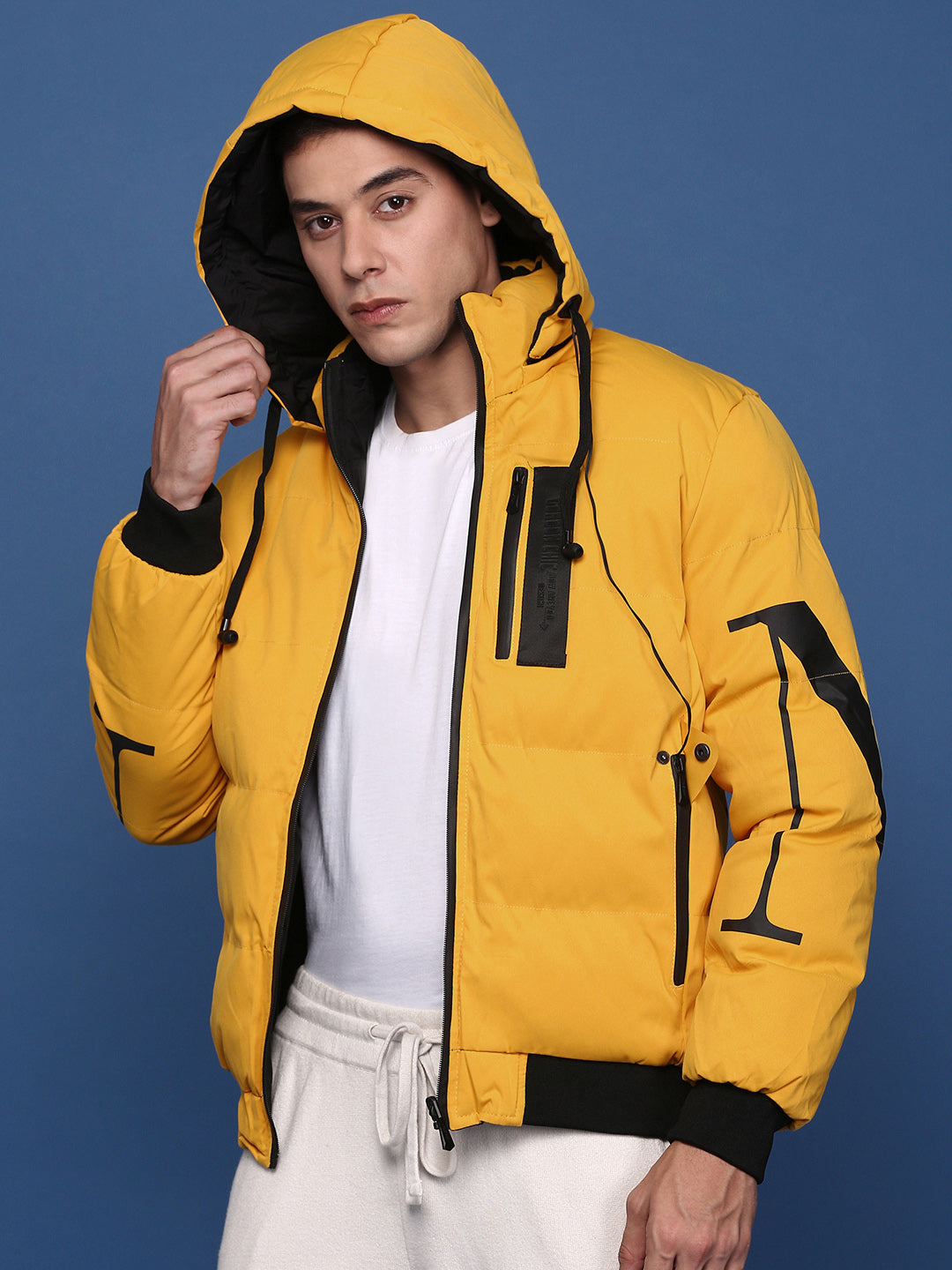 Men Solid Yellow Reversible Puffer Jacket with Hoodie