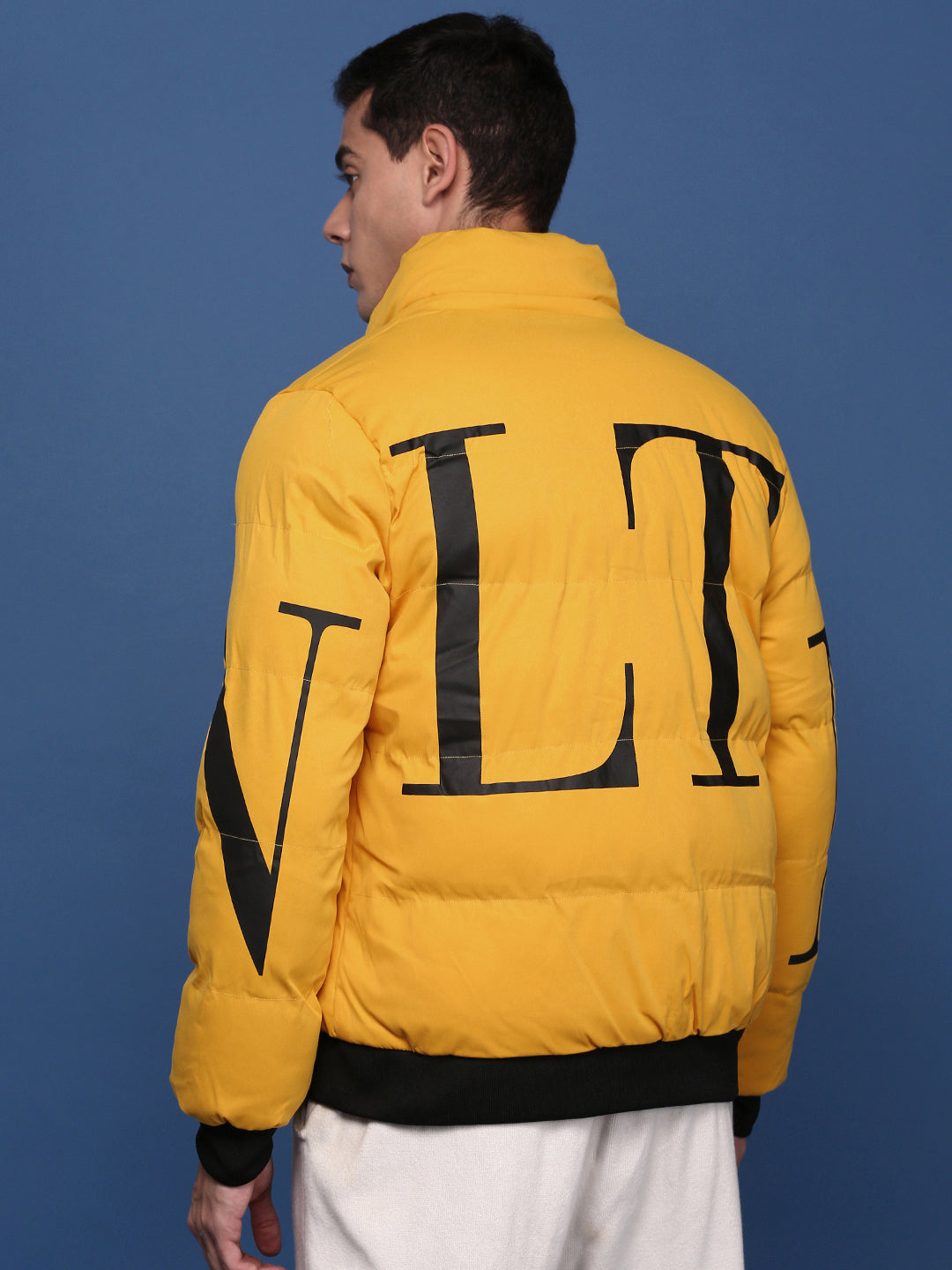 Men Solid Yellow Reversible Puffer Jacket with Hoodie