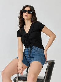 Women's Black Ruched V-Neck Crop Top