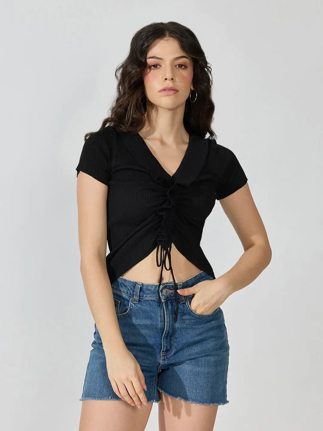 Women's Black Ruched V-Neck Crop Top