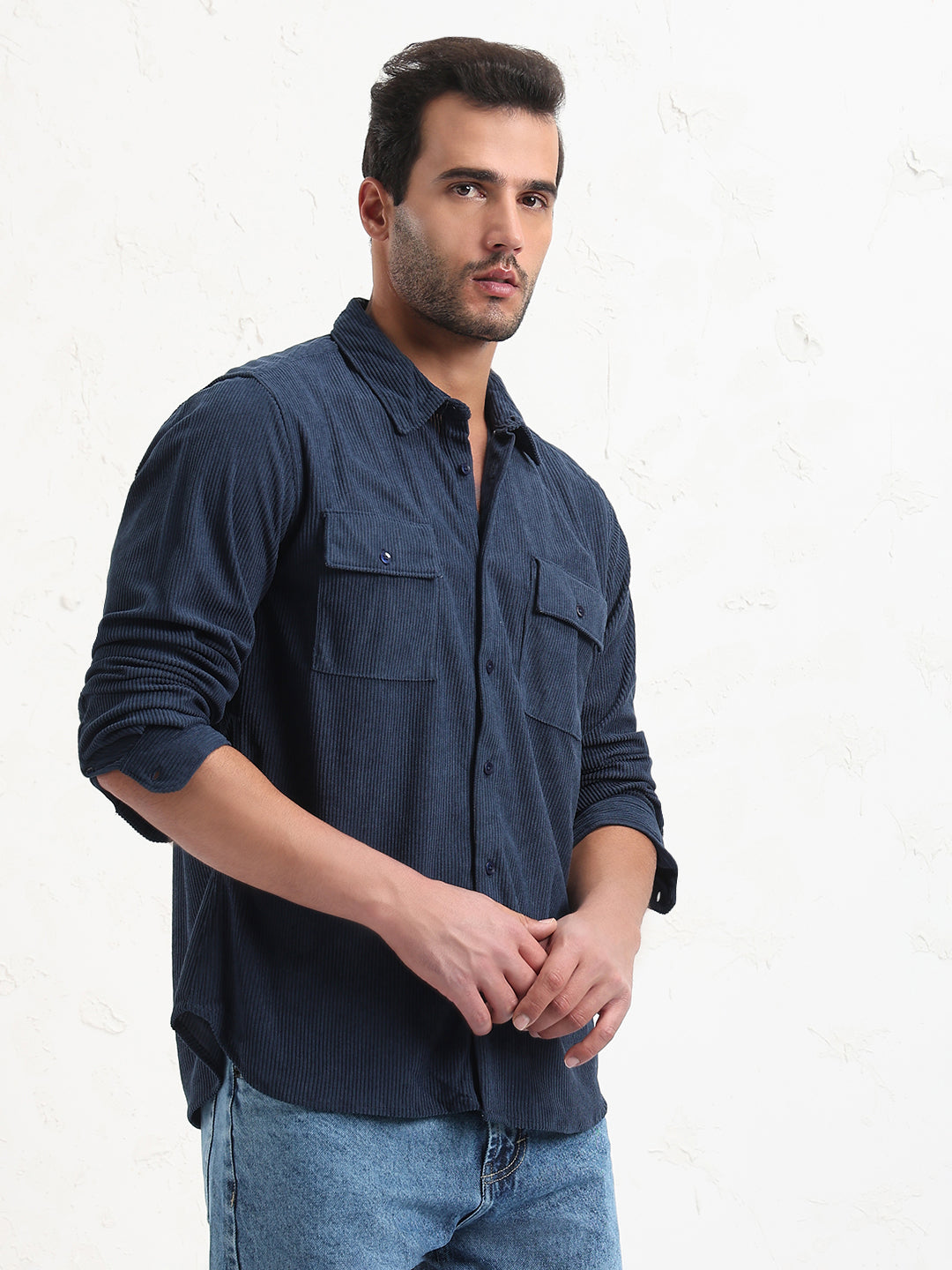 Men's Navy Blue Solid Slim Fit Shirt