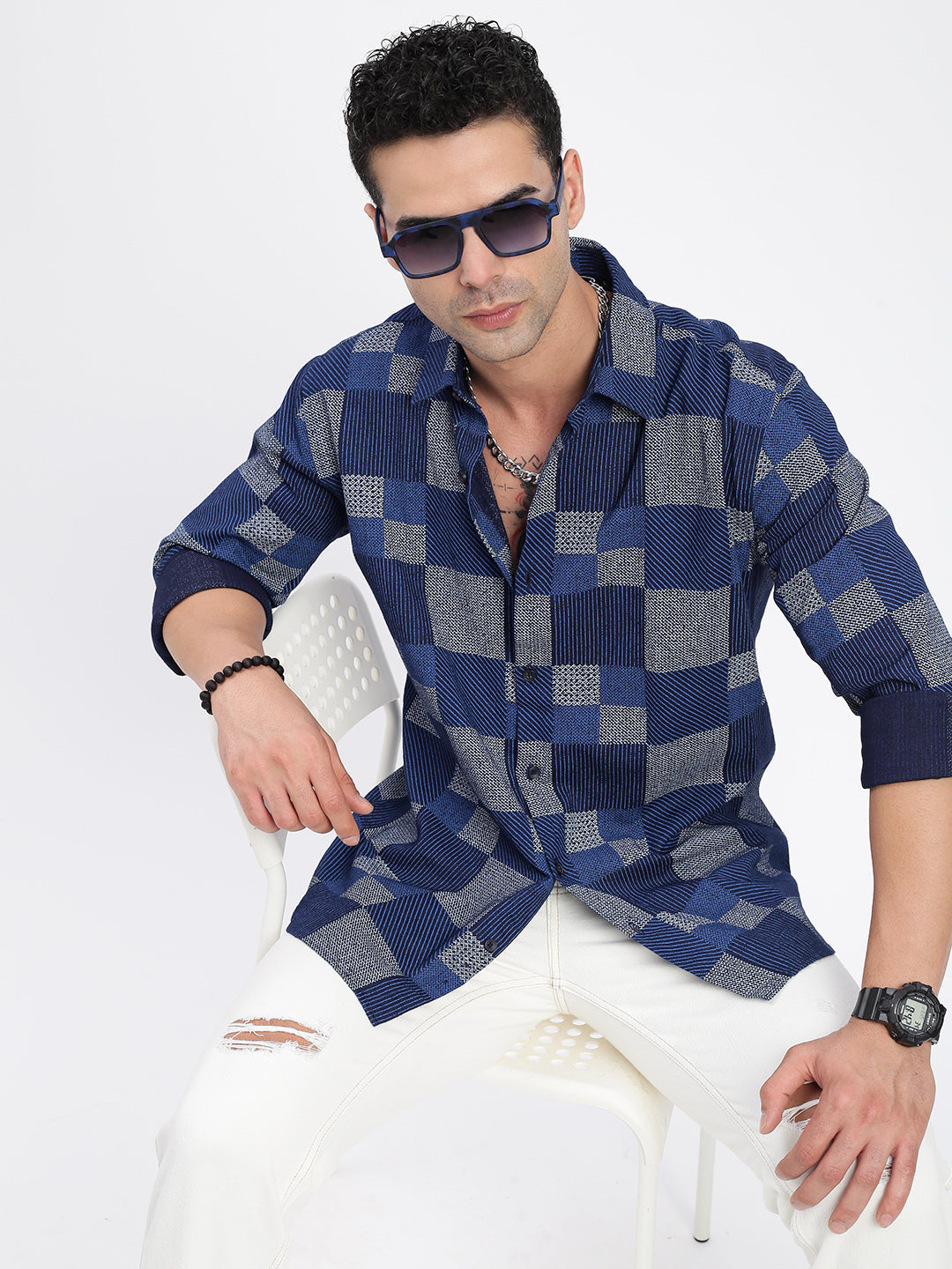 Men Geometric Blue Slim Fit Shirt