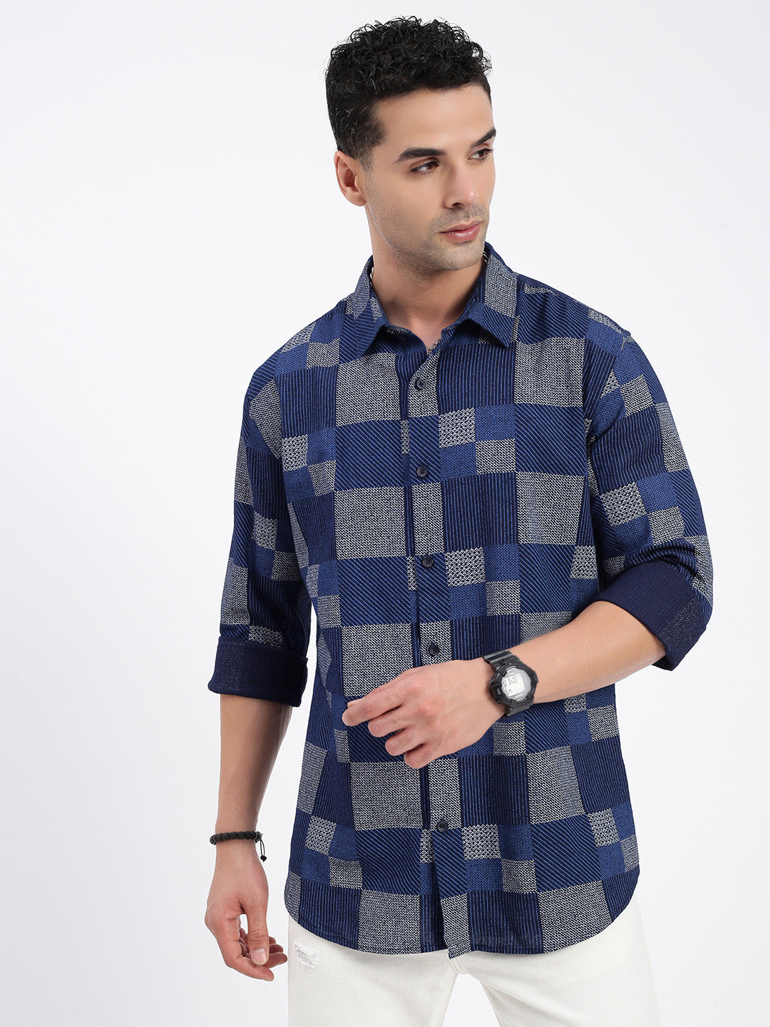 Men Geometric Blue Slim Fit Shirt