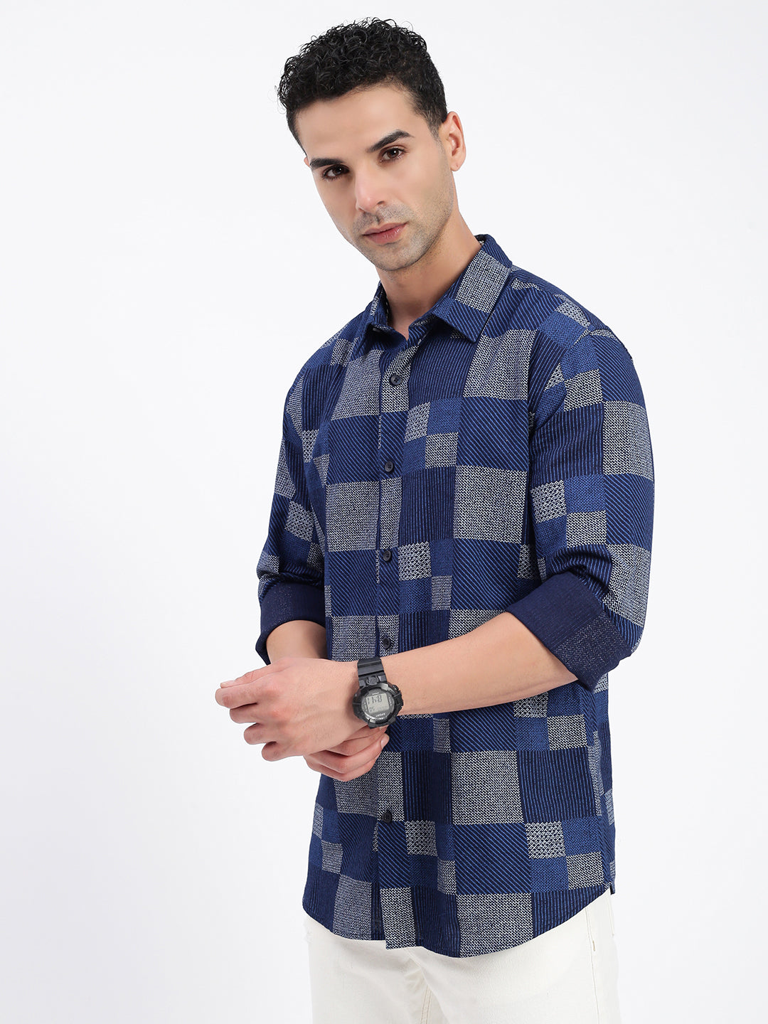 Men Geometric Blue Slim Fit Shirt