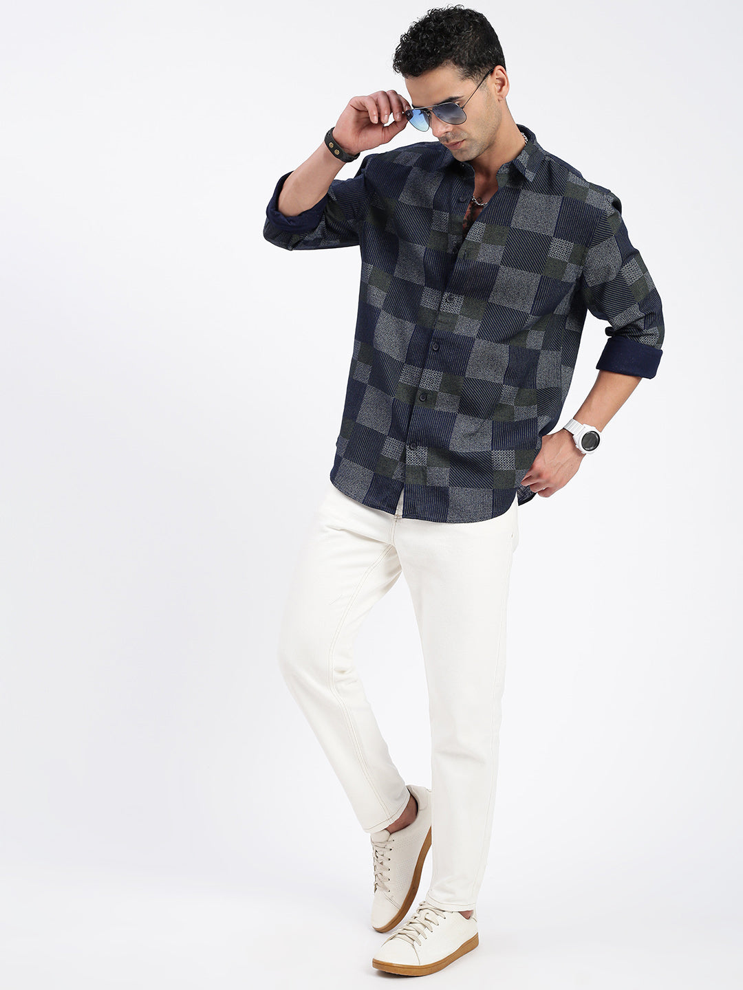 Men Geometric Navy Blue Slim Fit Shirt