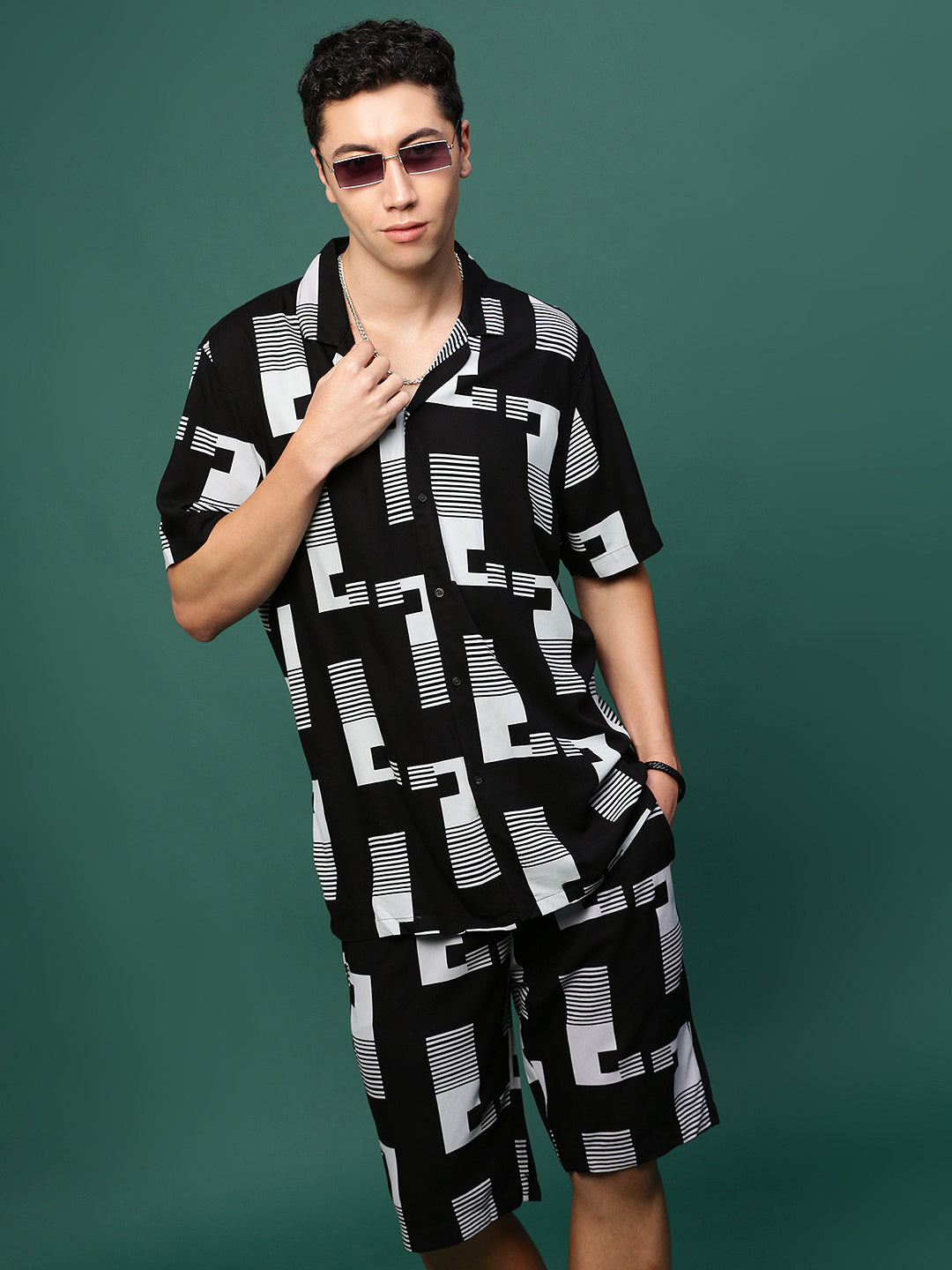 Men Black Cuban Collar Printed Co Ords Set