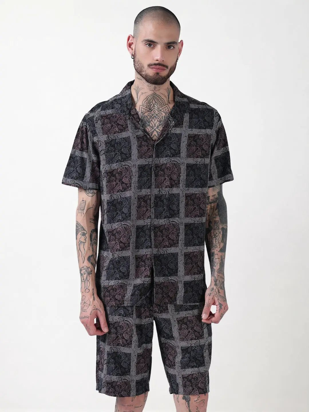 Men's Black Printed Cuban Collar Relaxed Fit Co-Ords Set - Uncategorized from SHOWOFFFF