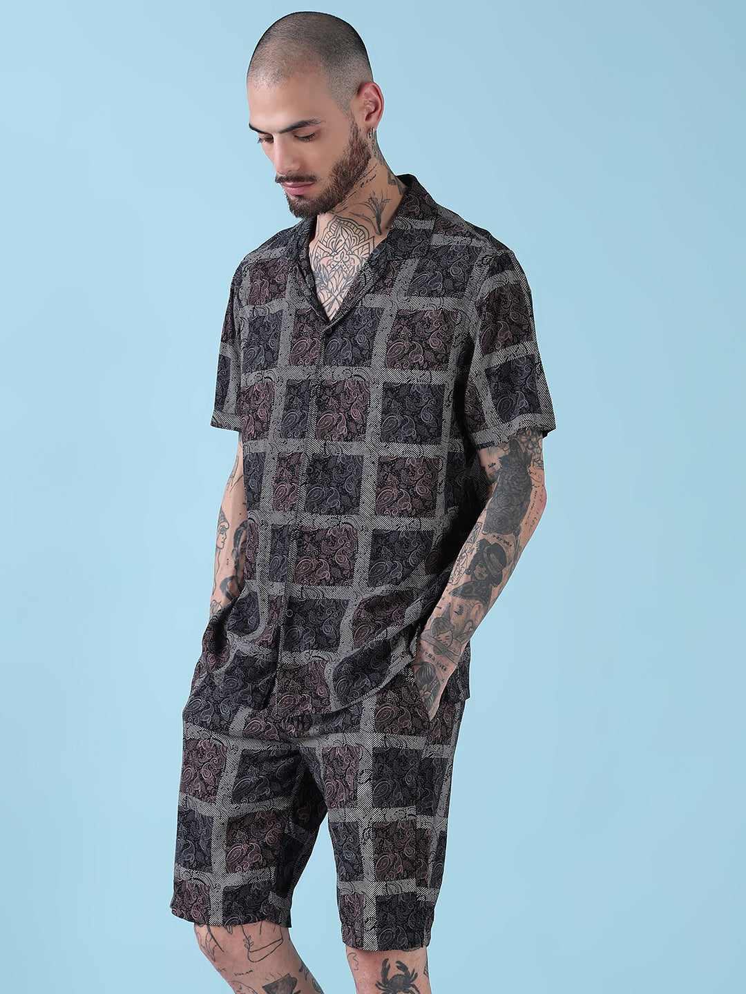 Men's Black Printed Cuban Collar Relaxed Fit Co-Ords Set