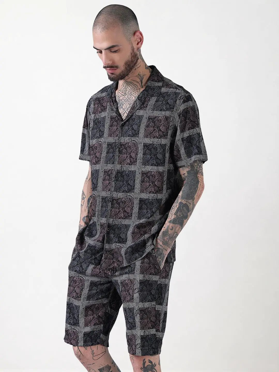 Men's Black Printed Cuban Collar Relaxed Fit Co-Ords Set - Uncategorized from SHOWOFFFF