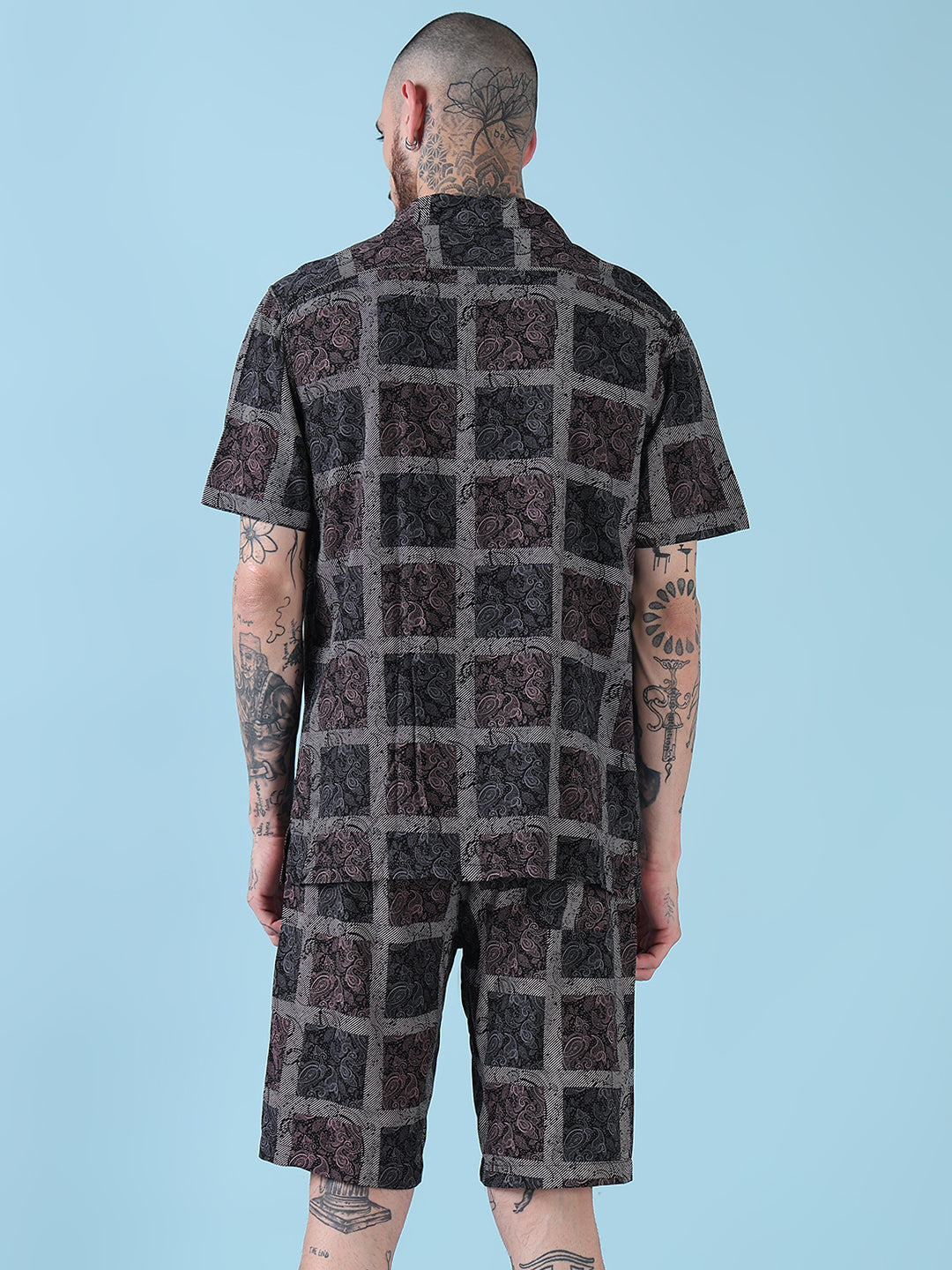 Men's Black Printed Cuban Collar Relaxed Fit Co-Ords Set