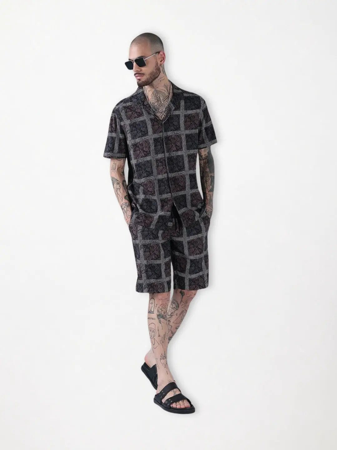 Men's Black Printed Cuban Collar Relaxed Fit Co-Ords Set - Uncategorized from SHOWOFFFF