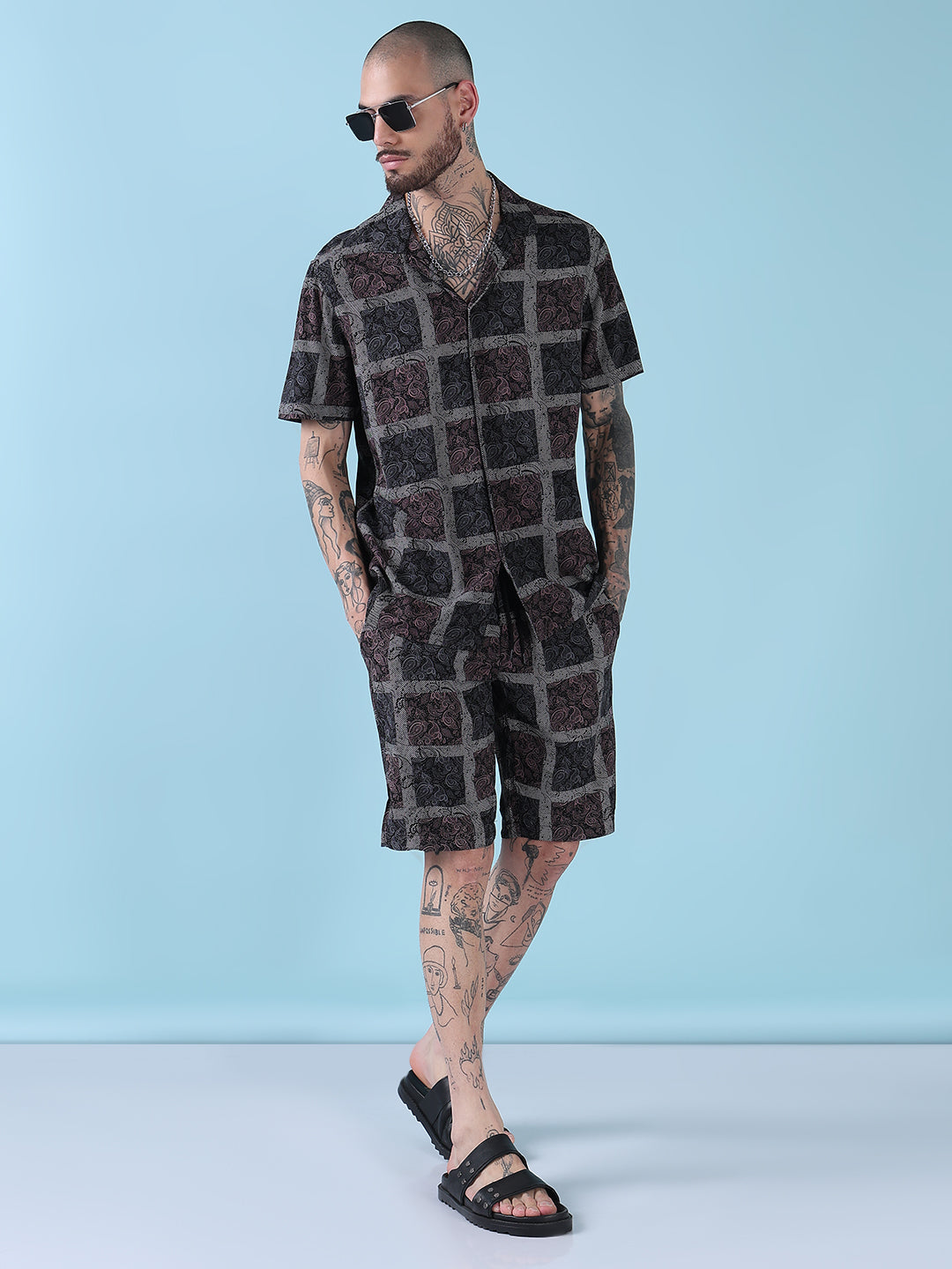 Men's Black Printed Cuban Collar Relaxed Fit Co-Ords Set