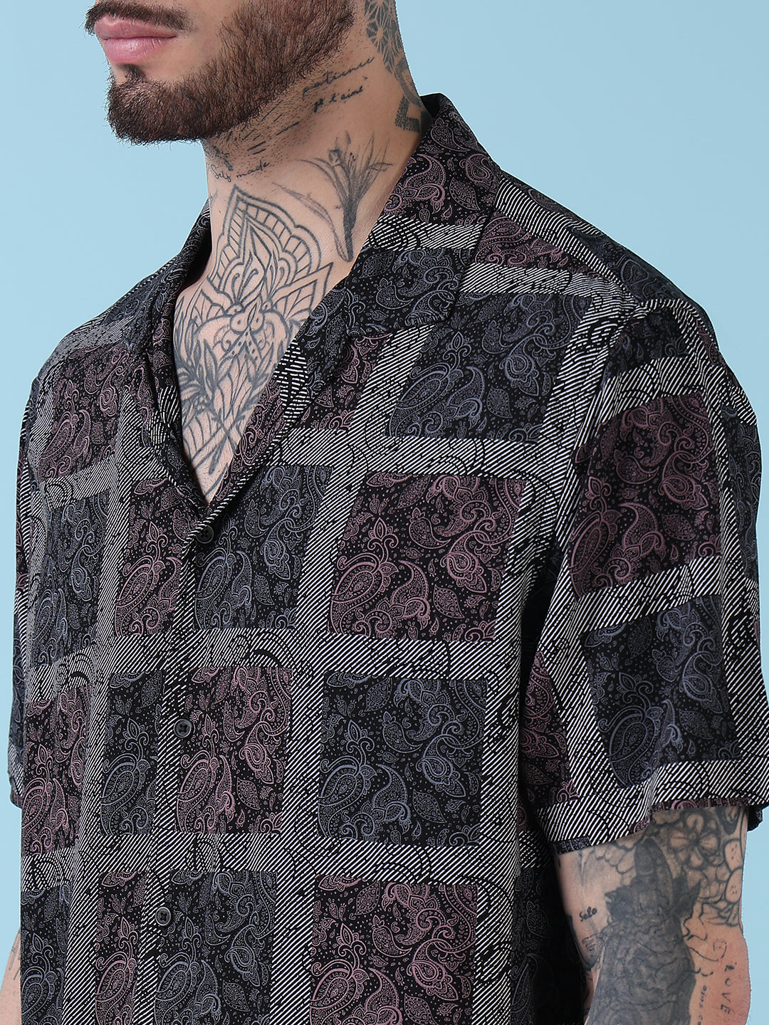 Men's Black Printed Cuban Collar Relaxed Fit Co-Ords Set