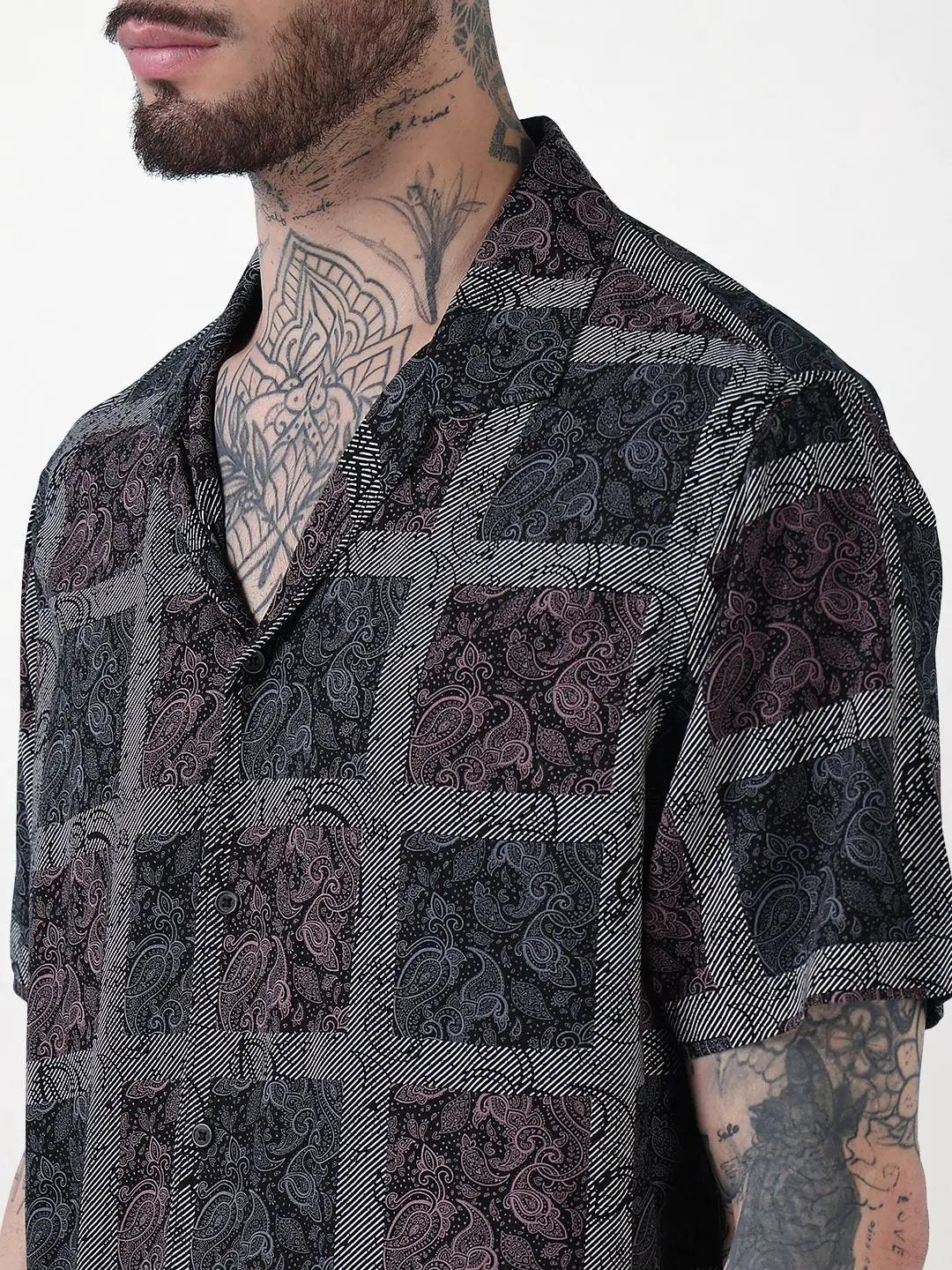 Men's Black Printed Cuban Collar Relaxed Fit Co-Ords Set - Uncategorized from SHOWOFFFF