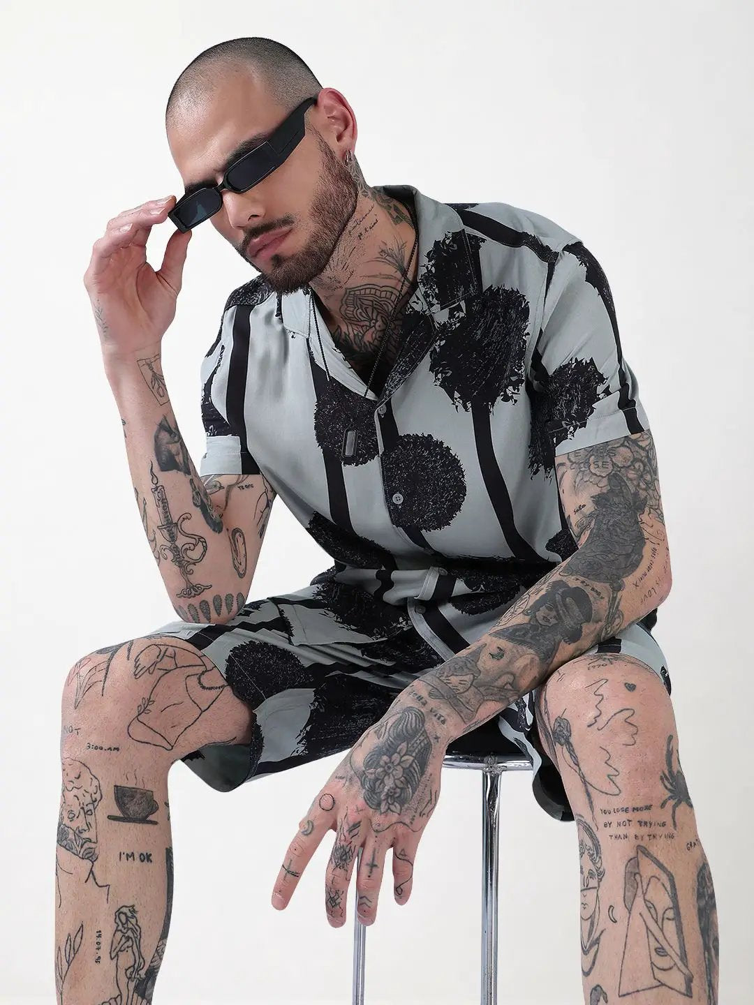 Men's Grey Abstract Print Cuban Collar Relaxed Fit Co-Ords Set - Uncategorized from SHOWOFFFF