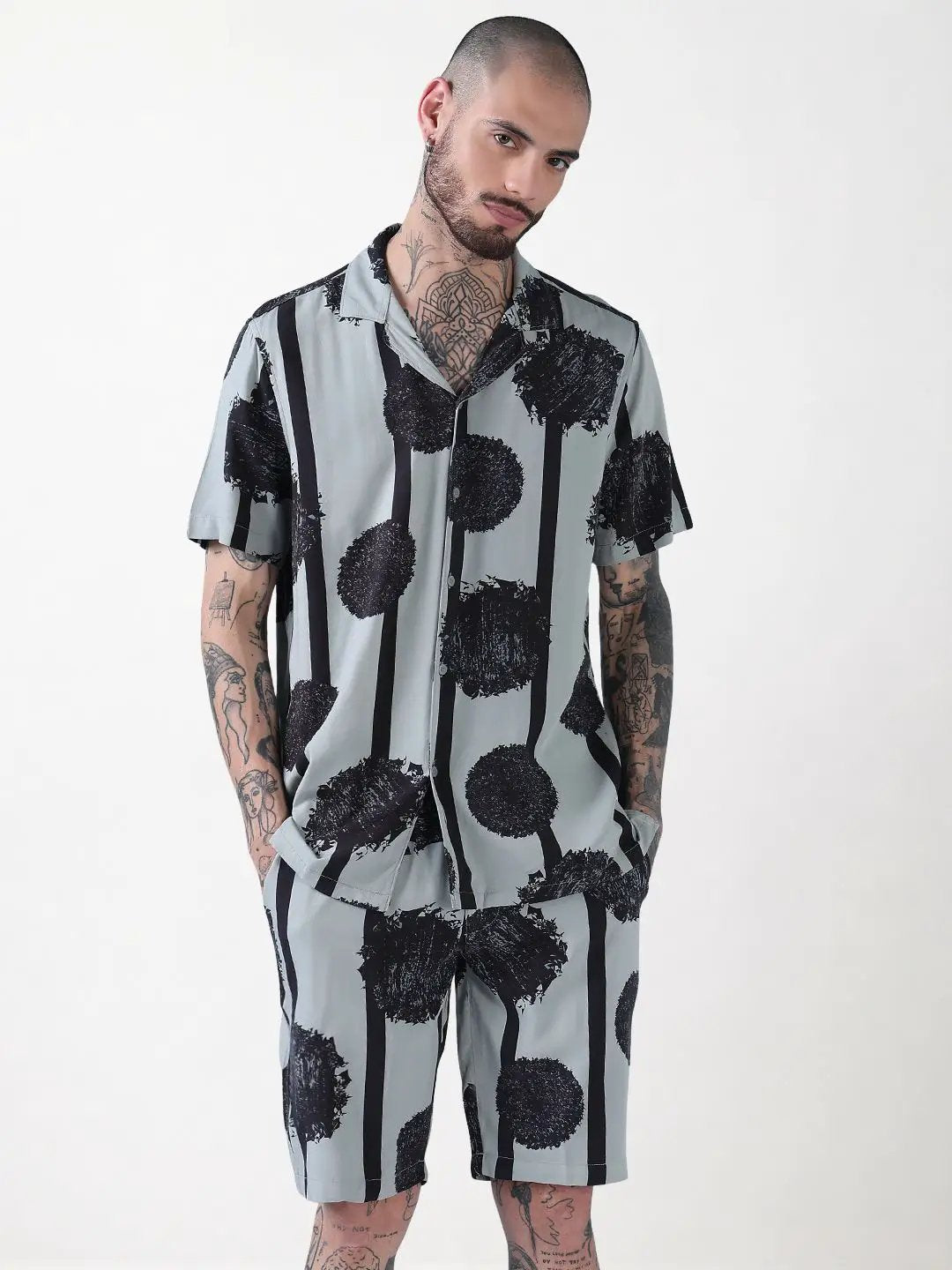 Men's Grey Abstract Print Cuban Collar Relaxed Fit Co-Ords Set - Uncategorized from SHOWOFFFF