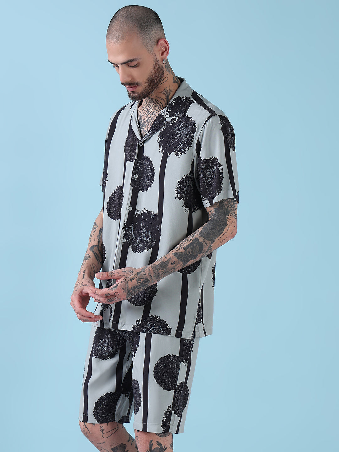 Men's Grey Abstract Print Cuban Collar Relaxed Fit Co-Ords Set