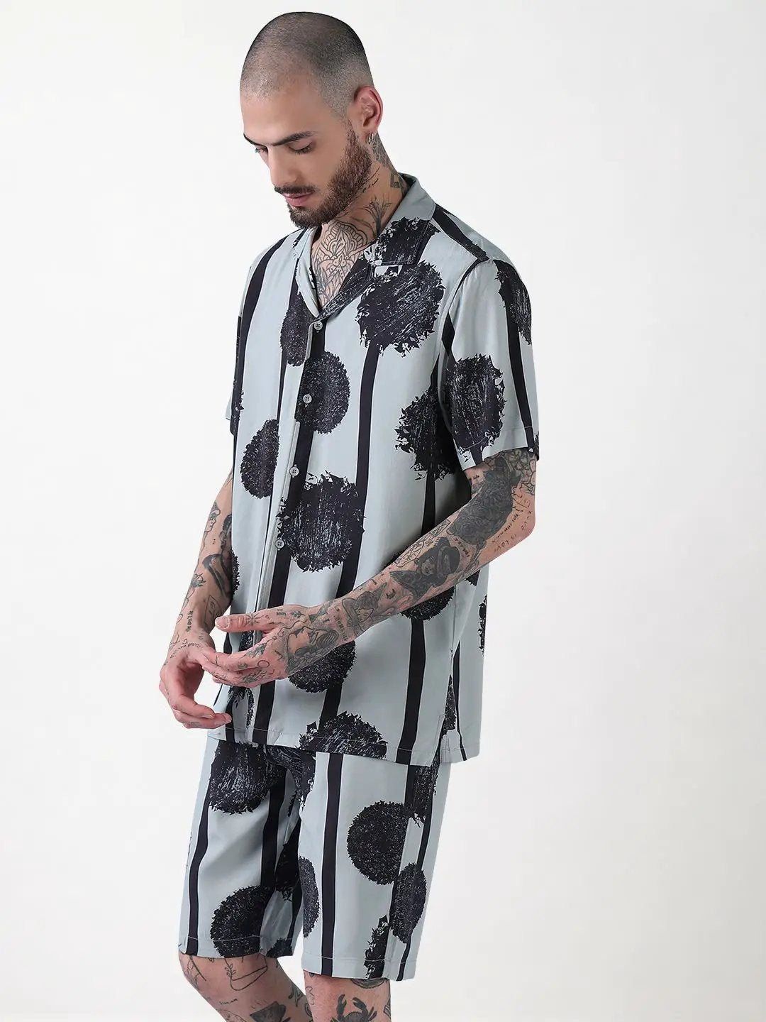 Men's Grey Abstract Print Cuban Collar Relaxed Fit Co-Ords Set - Uncategorized from SHOWOFFFF