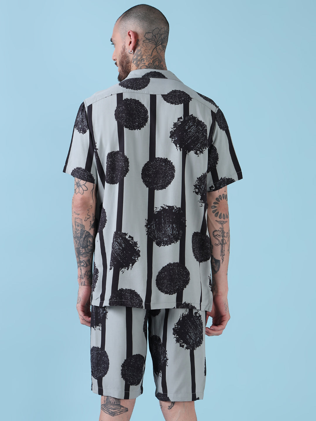 Men's Grey Abstract Print Cuban Collar Relaxed Fit Co-Ords Set