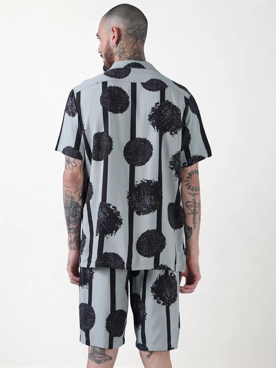 Men's Grey Abstract Print Cuban Collar Relaxed Fit Co-Ords Set - Uncategorized from SHOWOFFFF