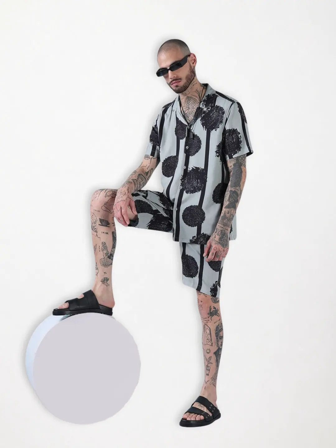 Men's Grey Abstract Print Cuban Collar Relaxed Fit Co-Ords Set - Uncategorized from SHOWOFFFF