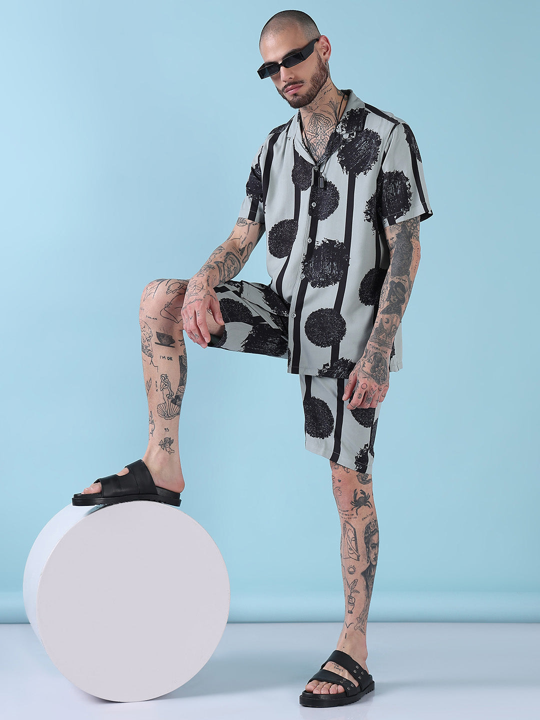 Men's Grey Abstract Print Cuban Collar Relaxed Fit Co-Ords Set