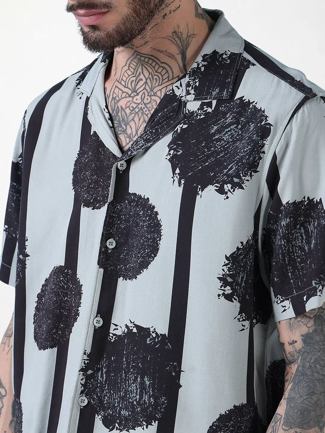 Men's Grey Abstract Print Cuban Collar Relaxed Fit Co-Ords Set - Uncategorized from SHOWOFFFF