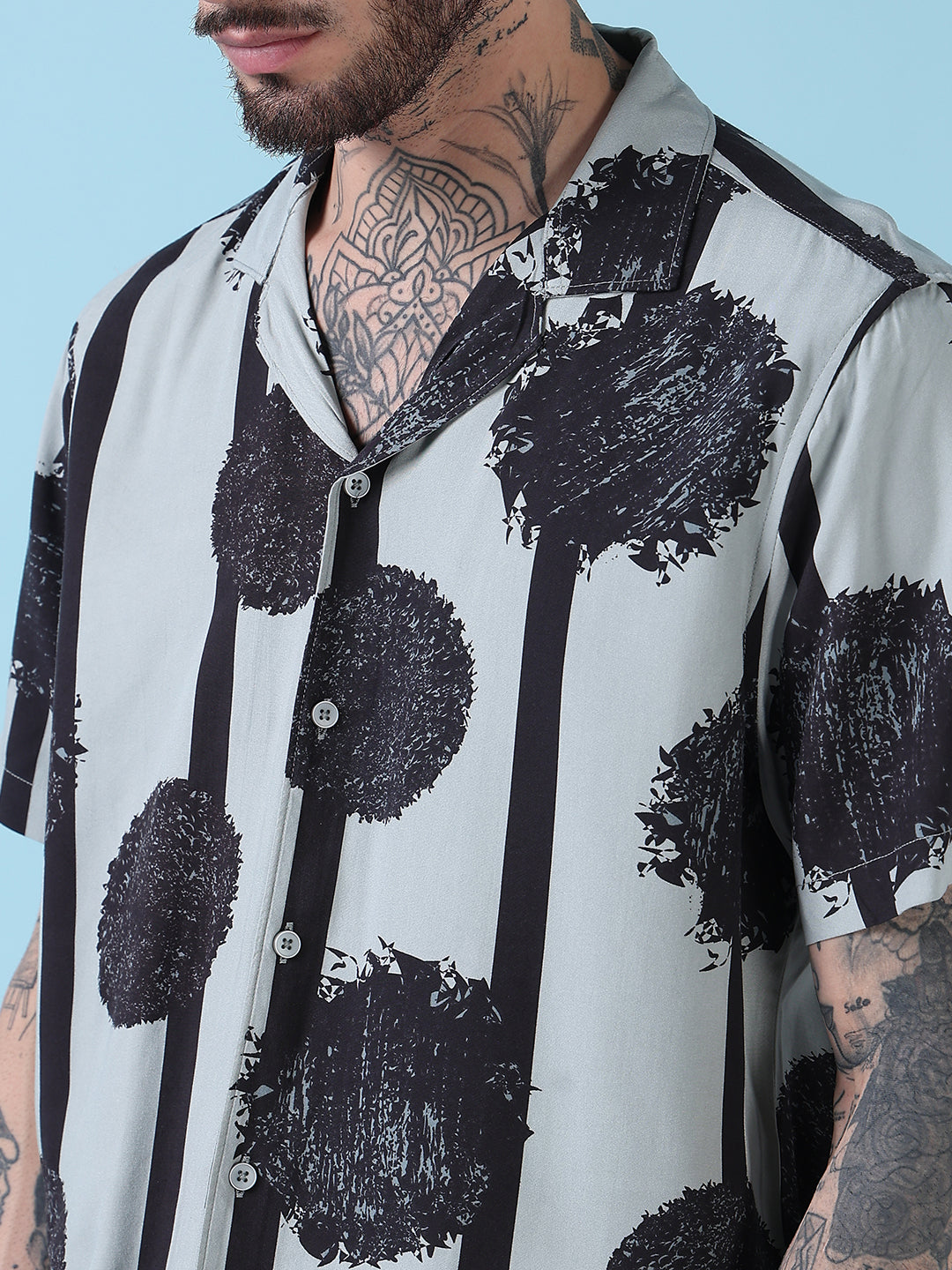 Men's Grey Abstract Print Cuban Collar Relaxed Fit Co-Ords Set