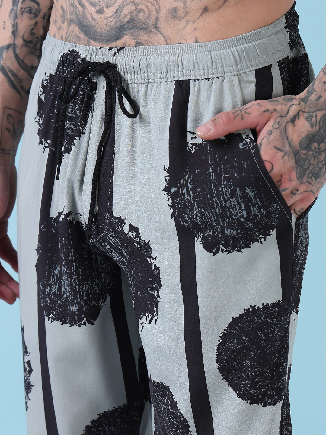 Men's Grey Abstract Print Cuban Collar Relaxed Fit Co-Ords Set