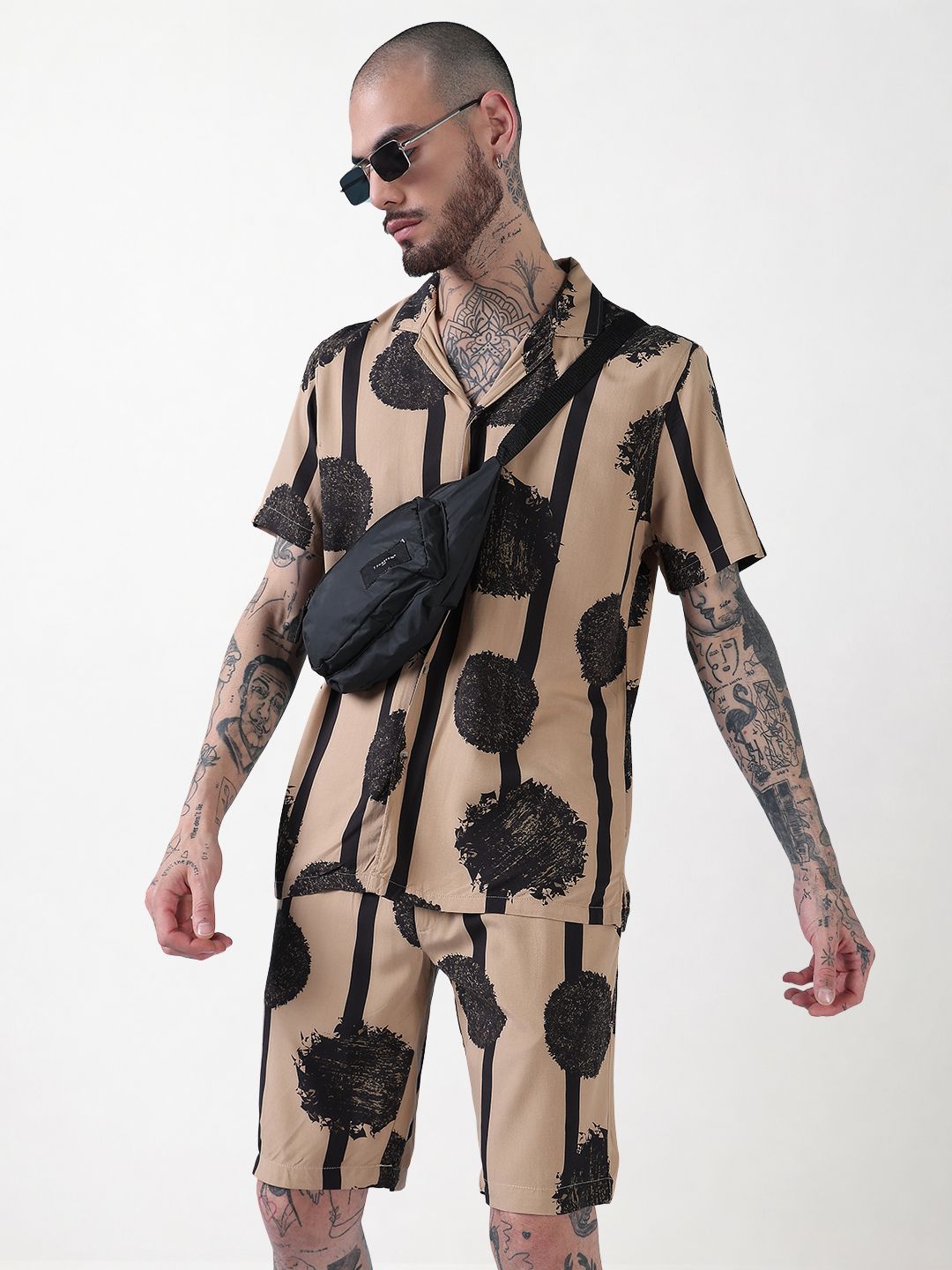 Men's Beige Abstract Print Cuban Collar Relaxed Fit Co-Ords Set