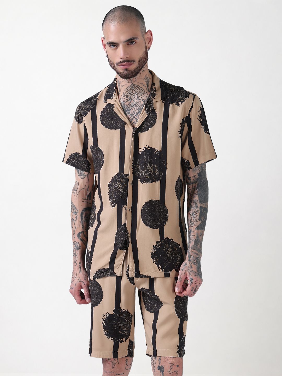 Men's Beige Abstract Print Cuban Collar Relaxed Fit Co-Ords Set