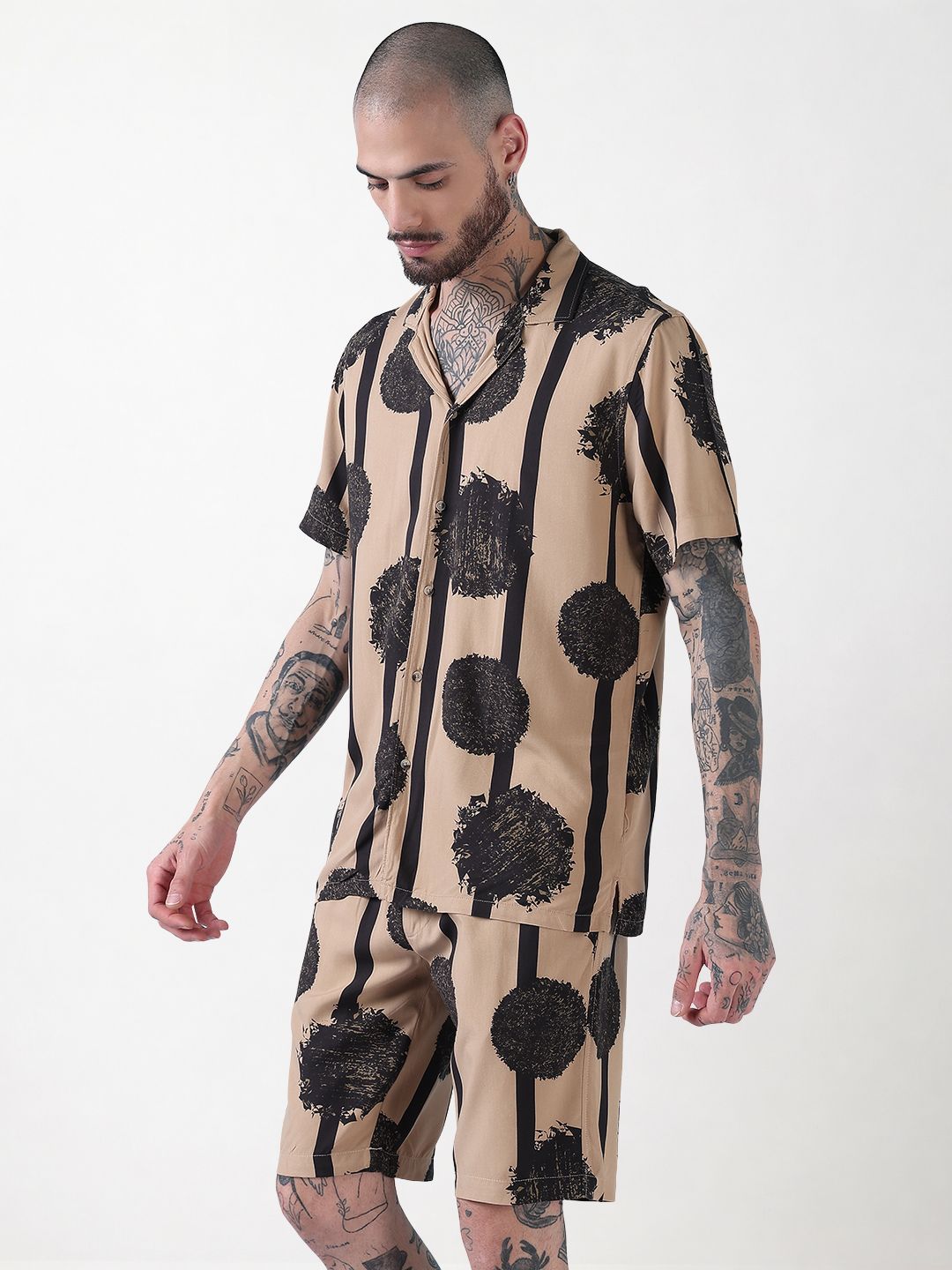 Men's Beige Abstract Print Cuban Collar Relaxed Fit Co-Ords Set