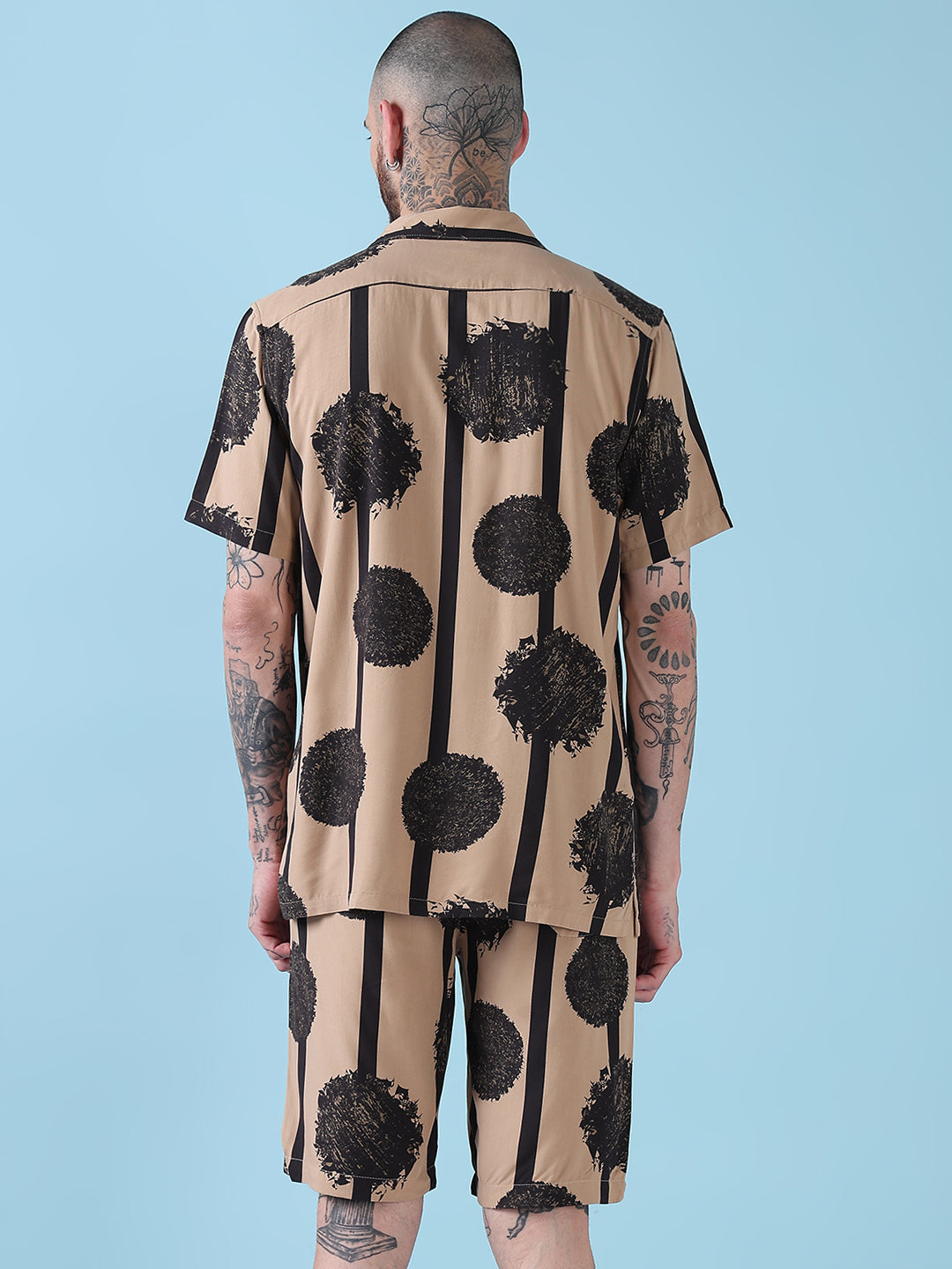 Men's Beige Abstract Print Cuban Collar Relaxed Fit Co-Ords Set