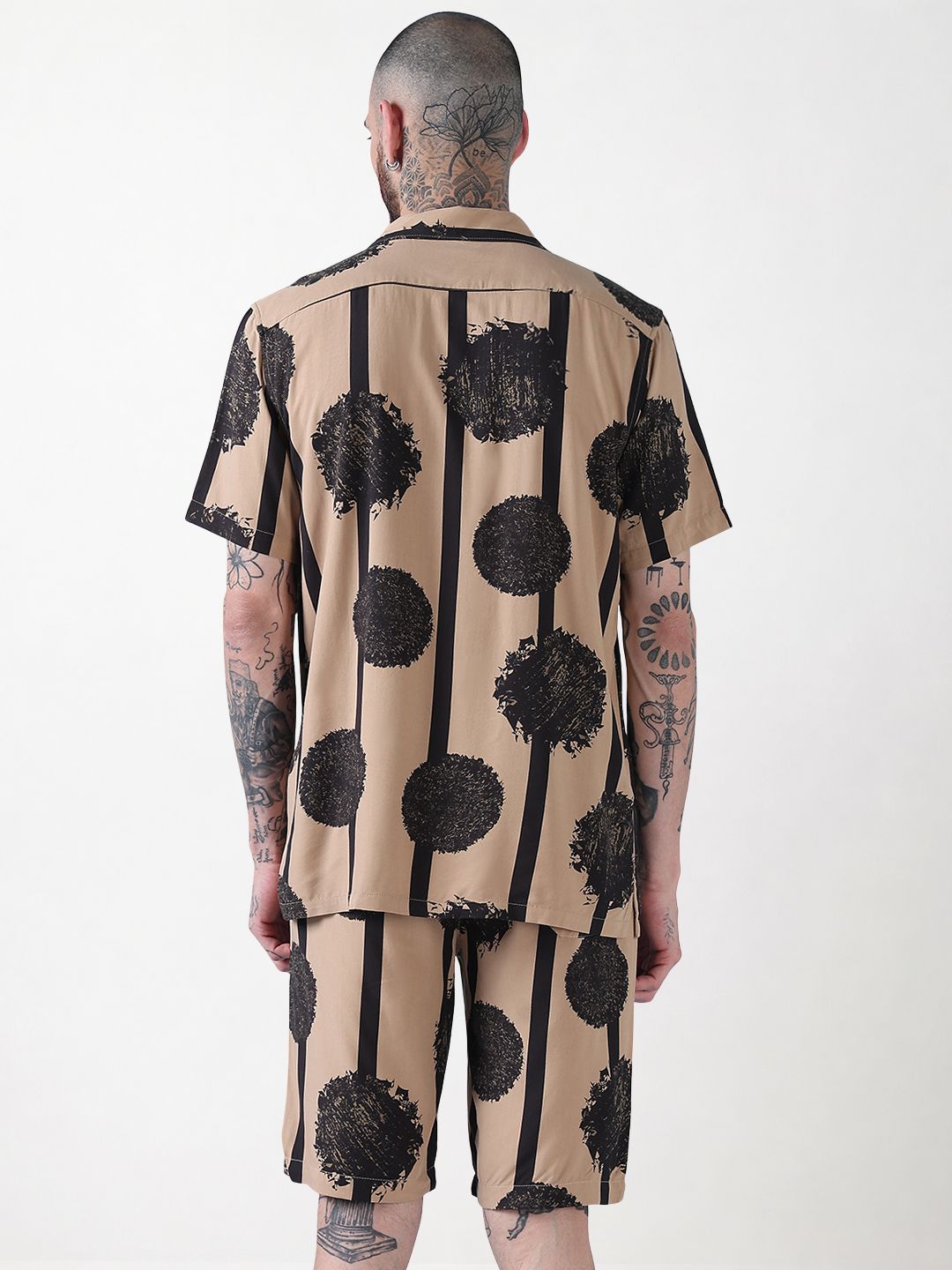 Men's Beige Abstract Print Cuban Collar Relaxed Fit Co-Ords Set